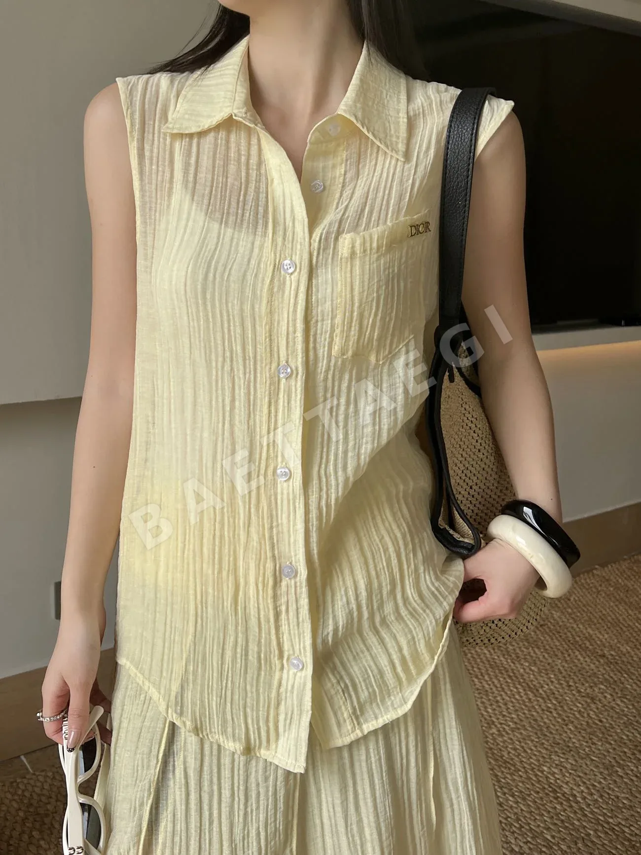 디올 플리츠 카라 민소매 셔츠 세트 상세 이미지 5