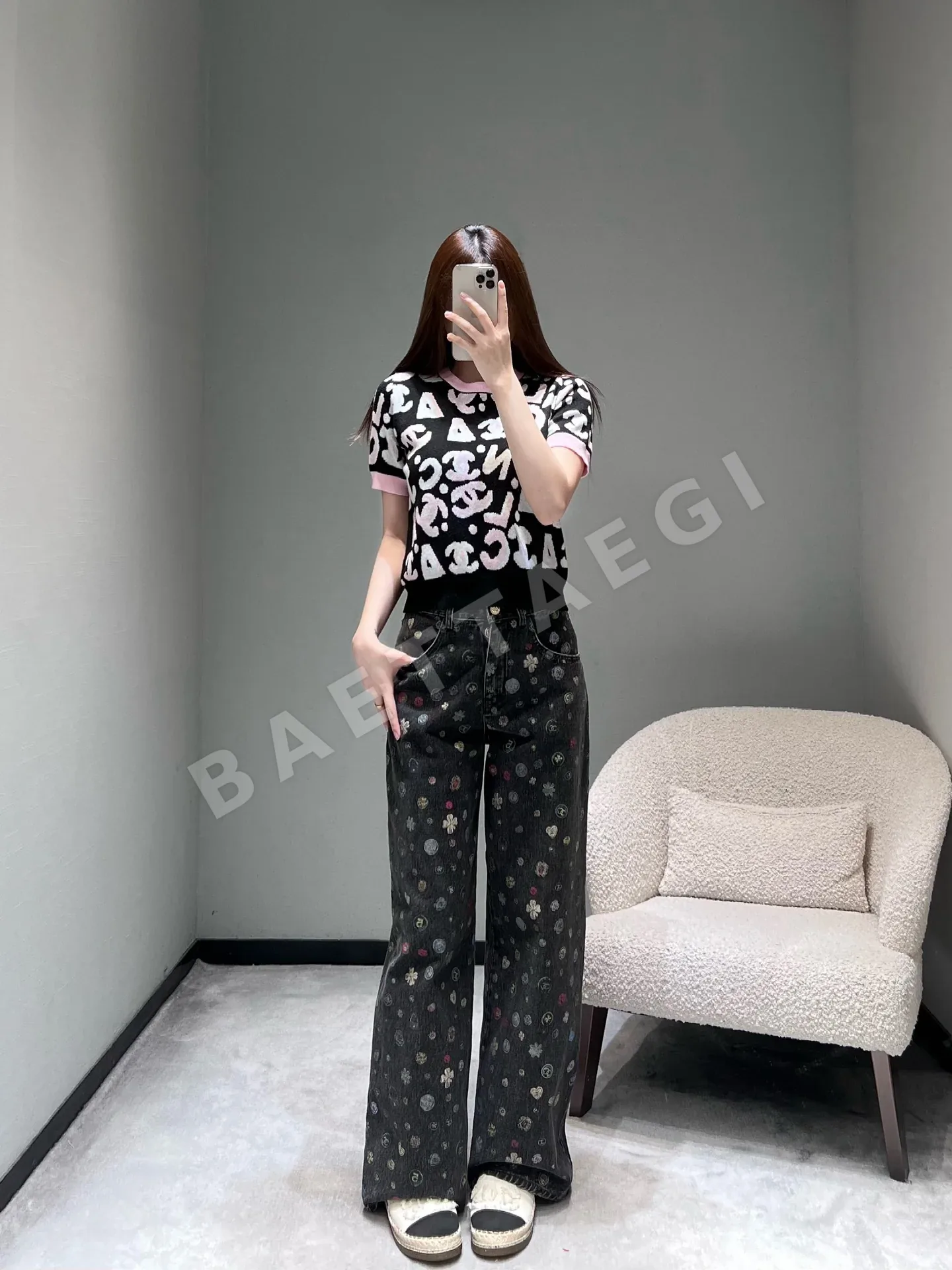 샤넬 여성 핑크 블록 크루넥 반팔 니트 티셔츠 상세 이미지 4