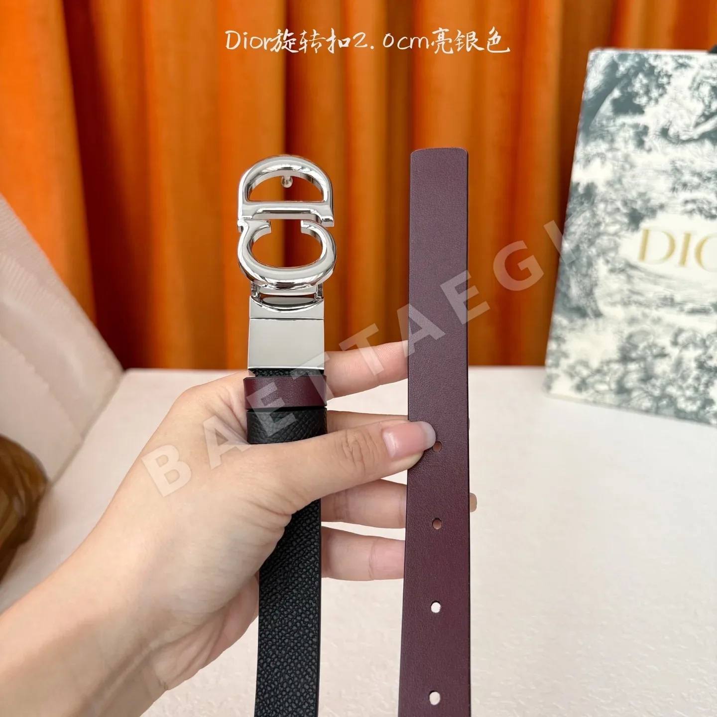디올 블랙&버건디 송아지가죽 골드 버클 벨트 상세 이미지 4