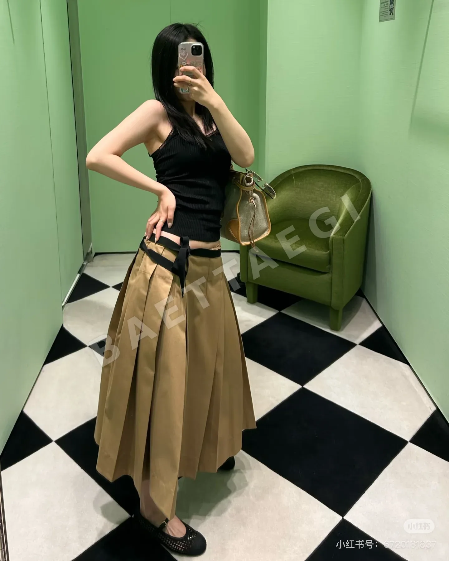 프라다 카키 컬러 블록 플리츠 스커트 상세 이미지 2
