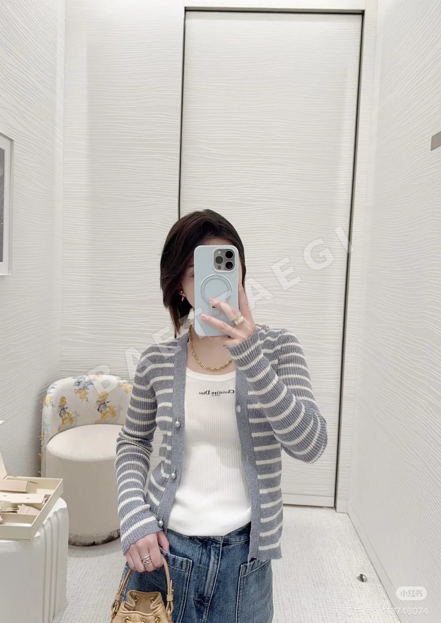 디올 디오리비에라 린넨 스트라이프 V넥 가디건 상세 이미지 2