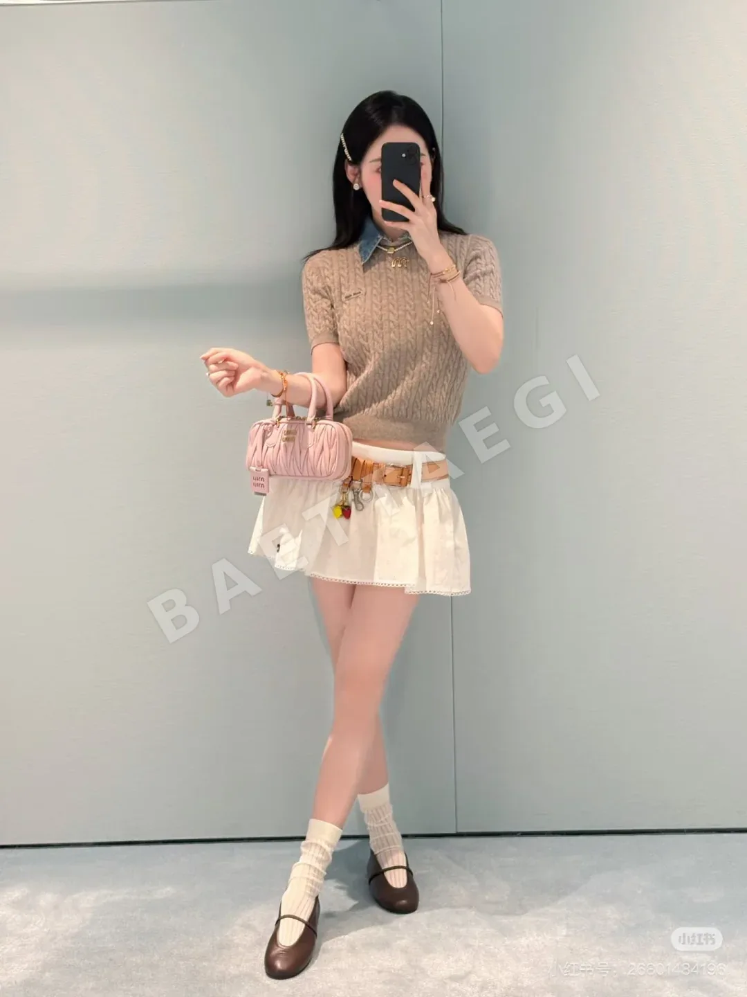 미우미우 데님 카라 케이블 니트 반팔 티셔츠 상세 이미지 3