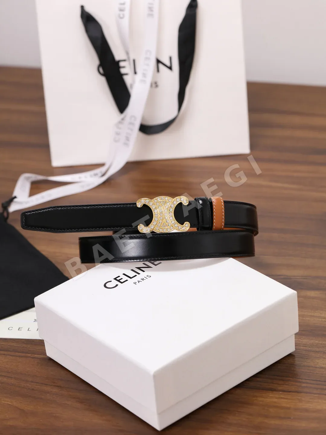 셀린느 라인스톤 버클 가죽 벨트 58801