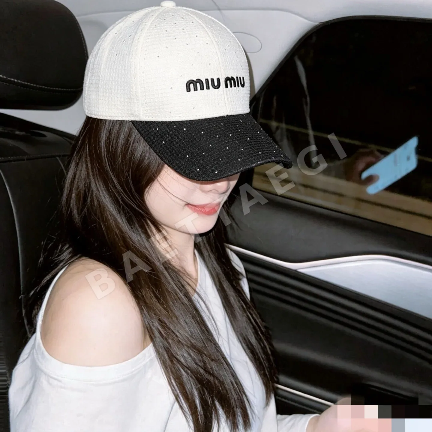 미우미우 컬러 블록 라인스톤 베이스볼 캡 185774