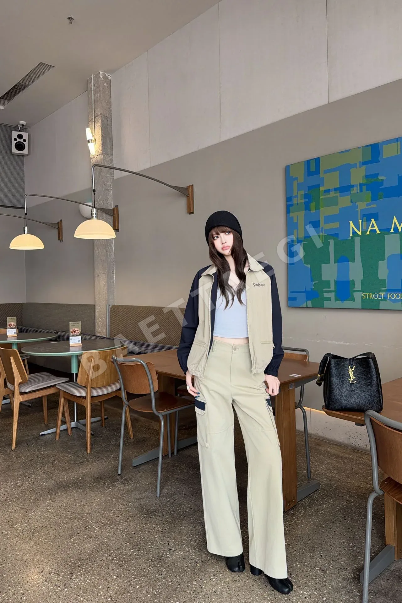 생로랑 네이비 블루 카키 배색 여성 자켓 154389