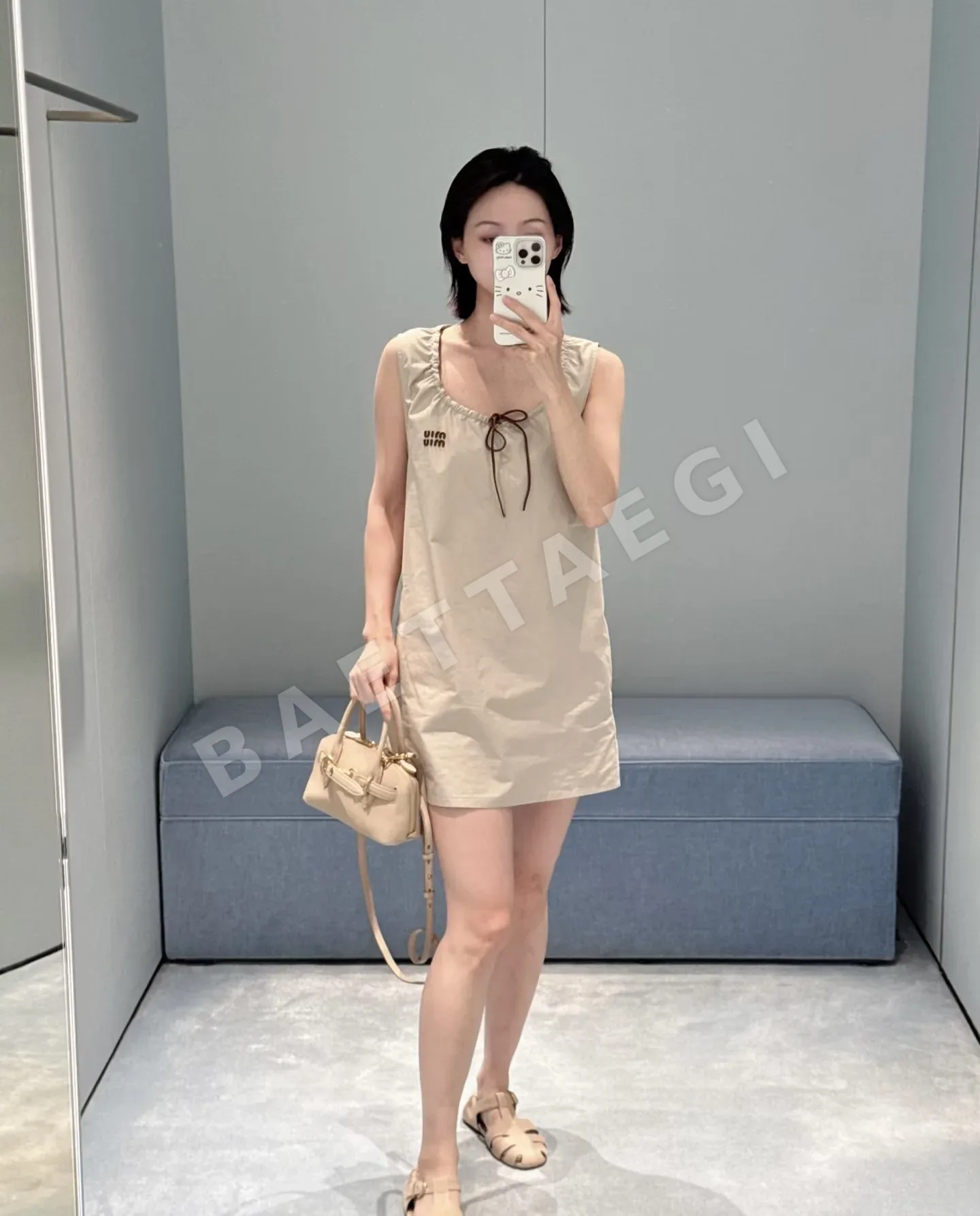 미우미우 카키 드로스트링 민소매 미니 원피스 상세 이미지 6