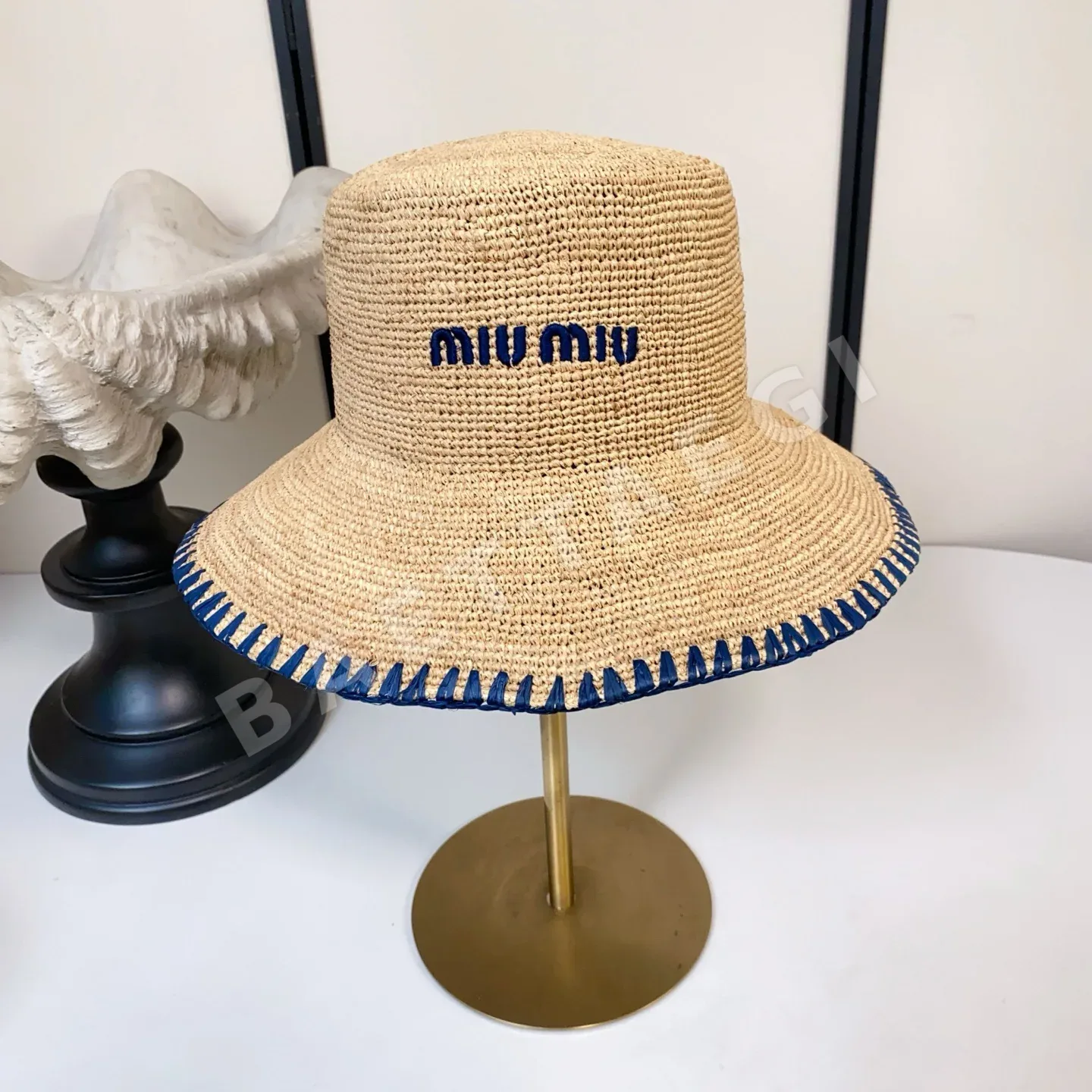 미우미우 라피아 자수 로고 밀짚 모자 상세 이미지 3