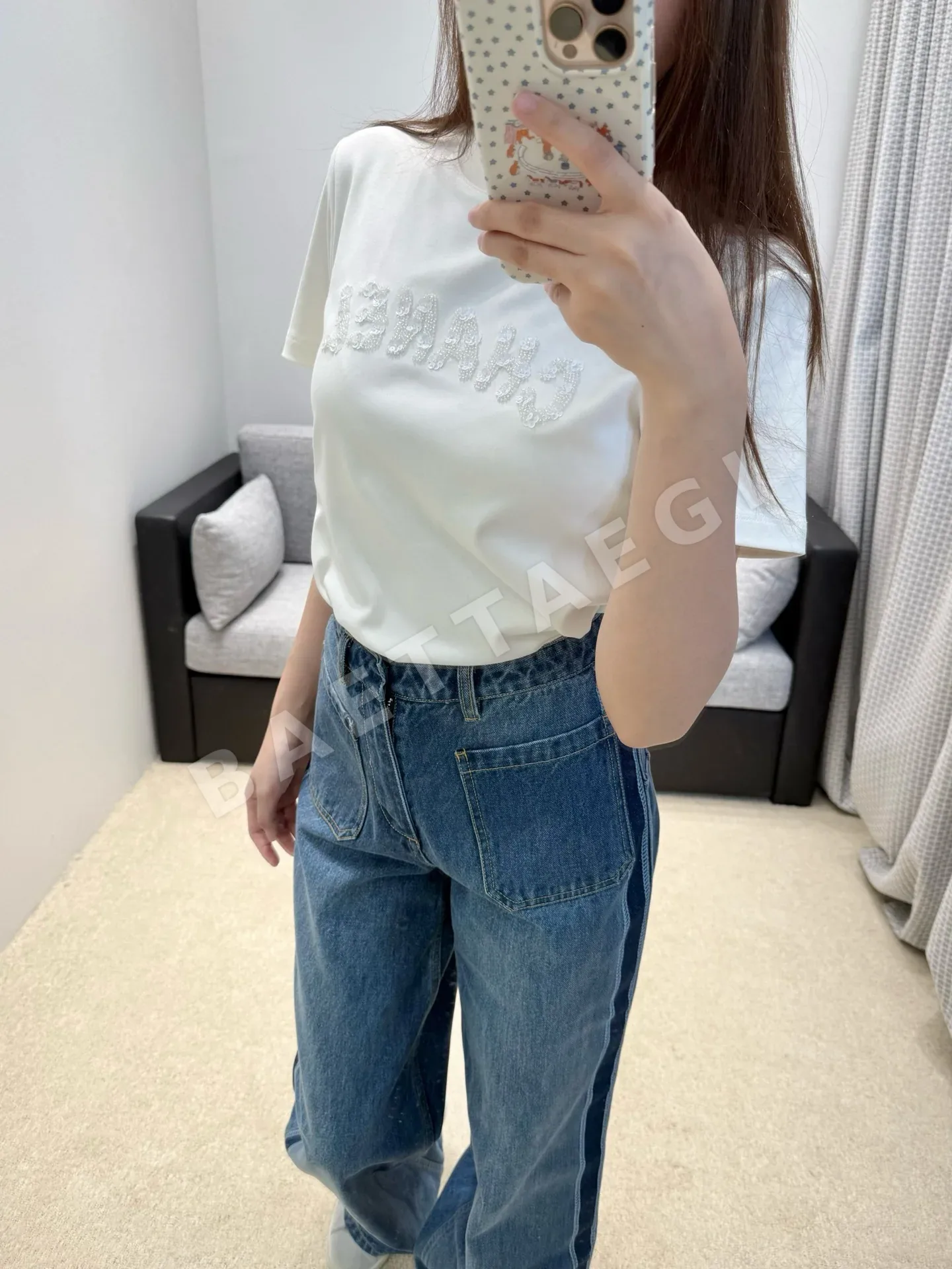 샤넬 비즈 장식 여성 반팔 티셔츠 상세 이미지 8