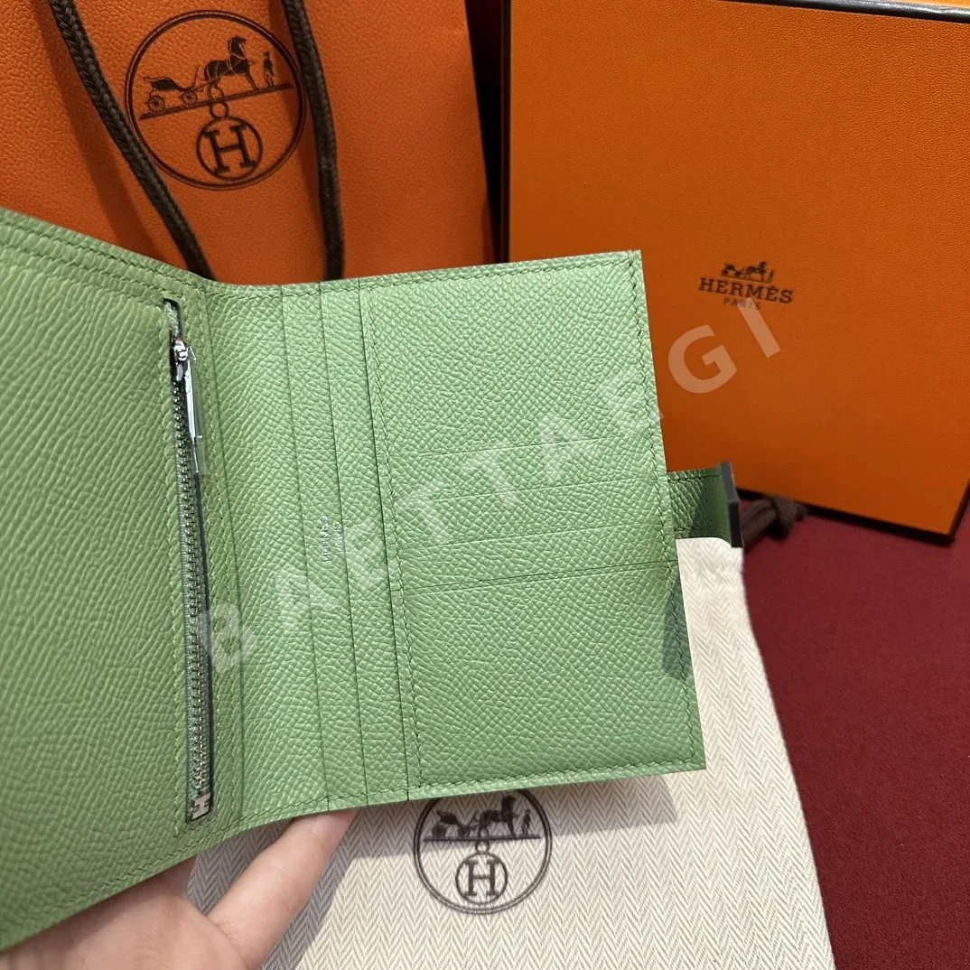 에르메스 아보카도 그린 야자수 무늬 은색 잠금 짧은 지갑 상세 이미지 8