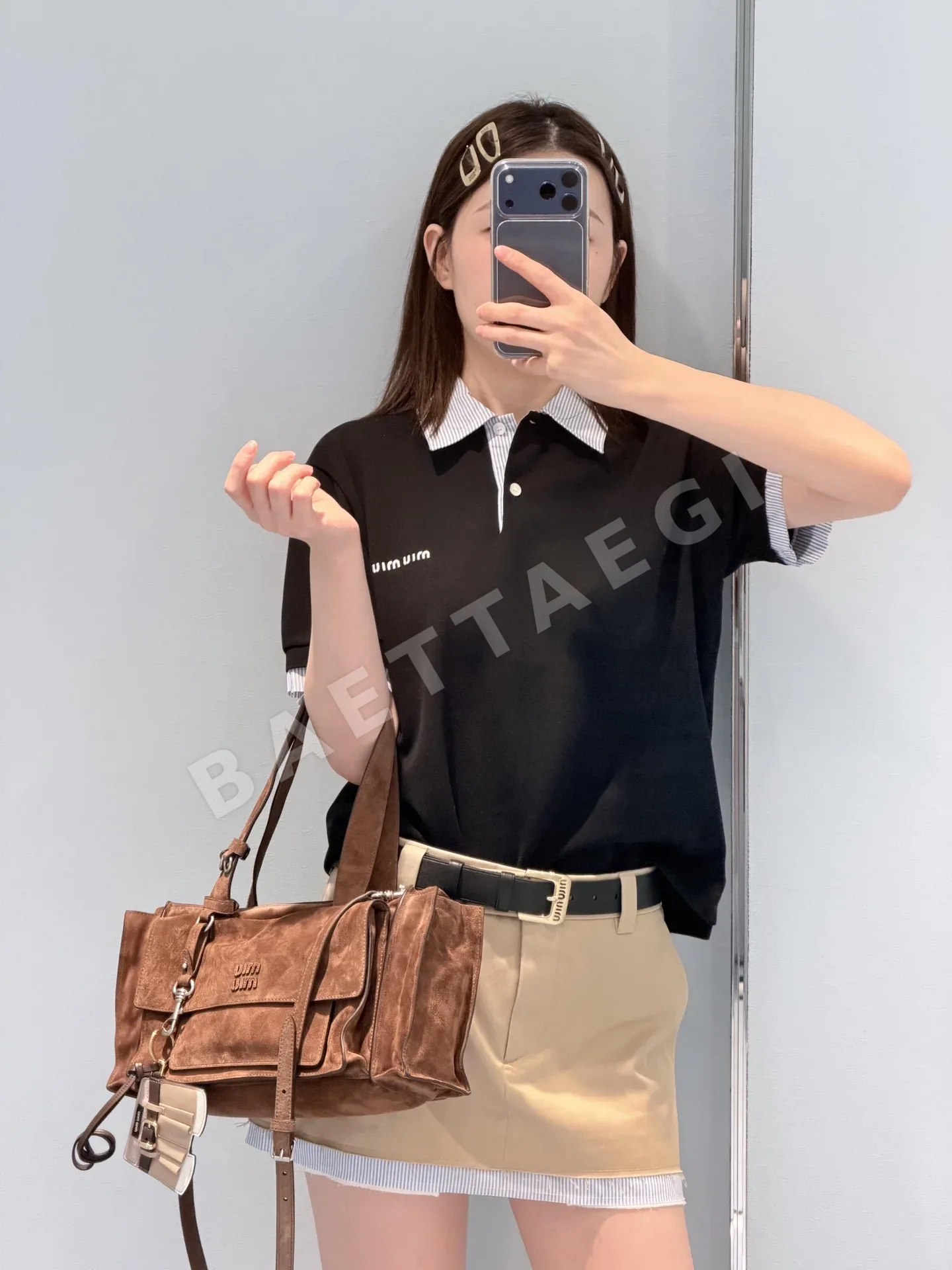 미우미우 컬러블록 카라 반팔 티셔츠 상세 이미지 4
