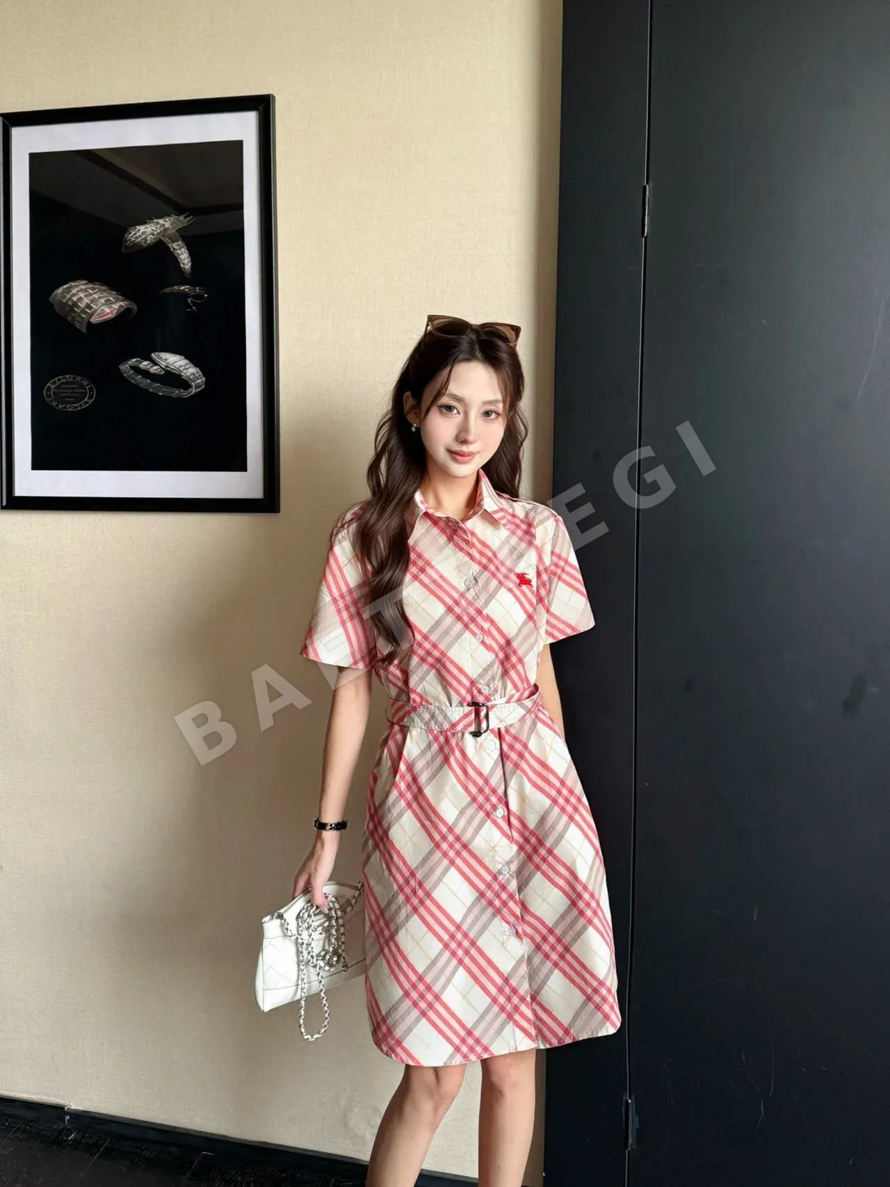 버버리 깅엄 체크 반소매 셔츠 원피스 상세 이미지 1