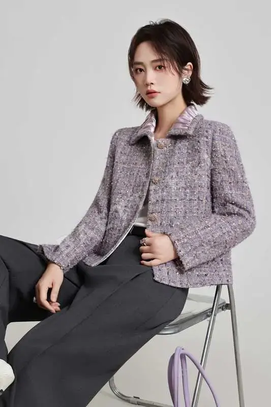 샤넬 새틴 트림 크롭드 트위드 자켓 163749