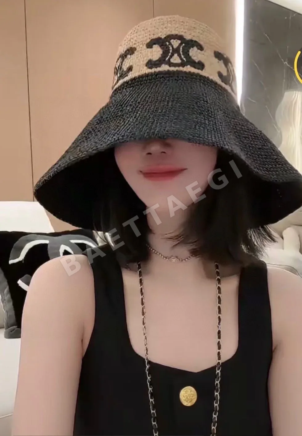 셀린느 라피아 컬러블록 버킷햇 83164