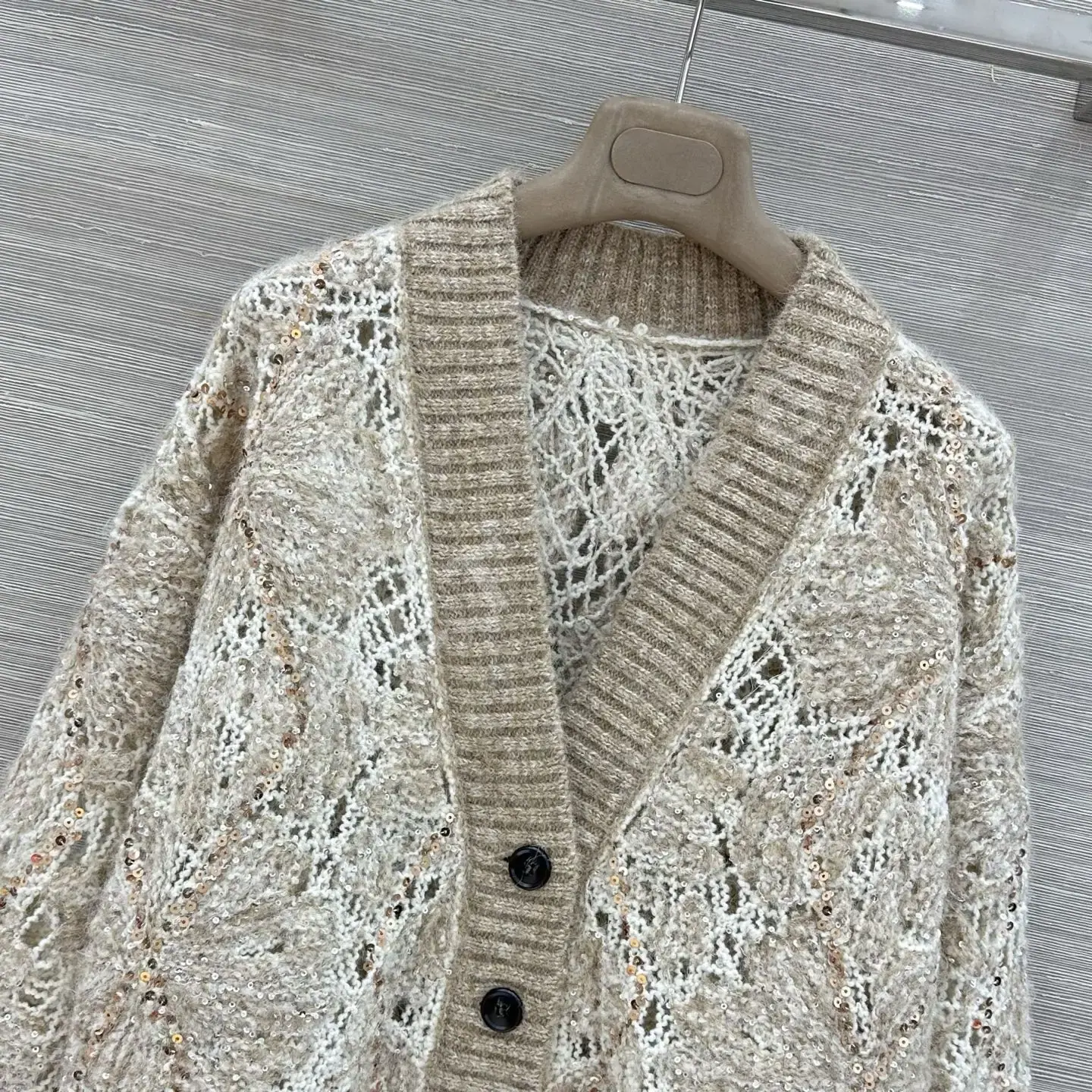 브루넬로쿠치넬리 시스루 크로셰 자수 울 모헤어 가디건 상세 이미지 2