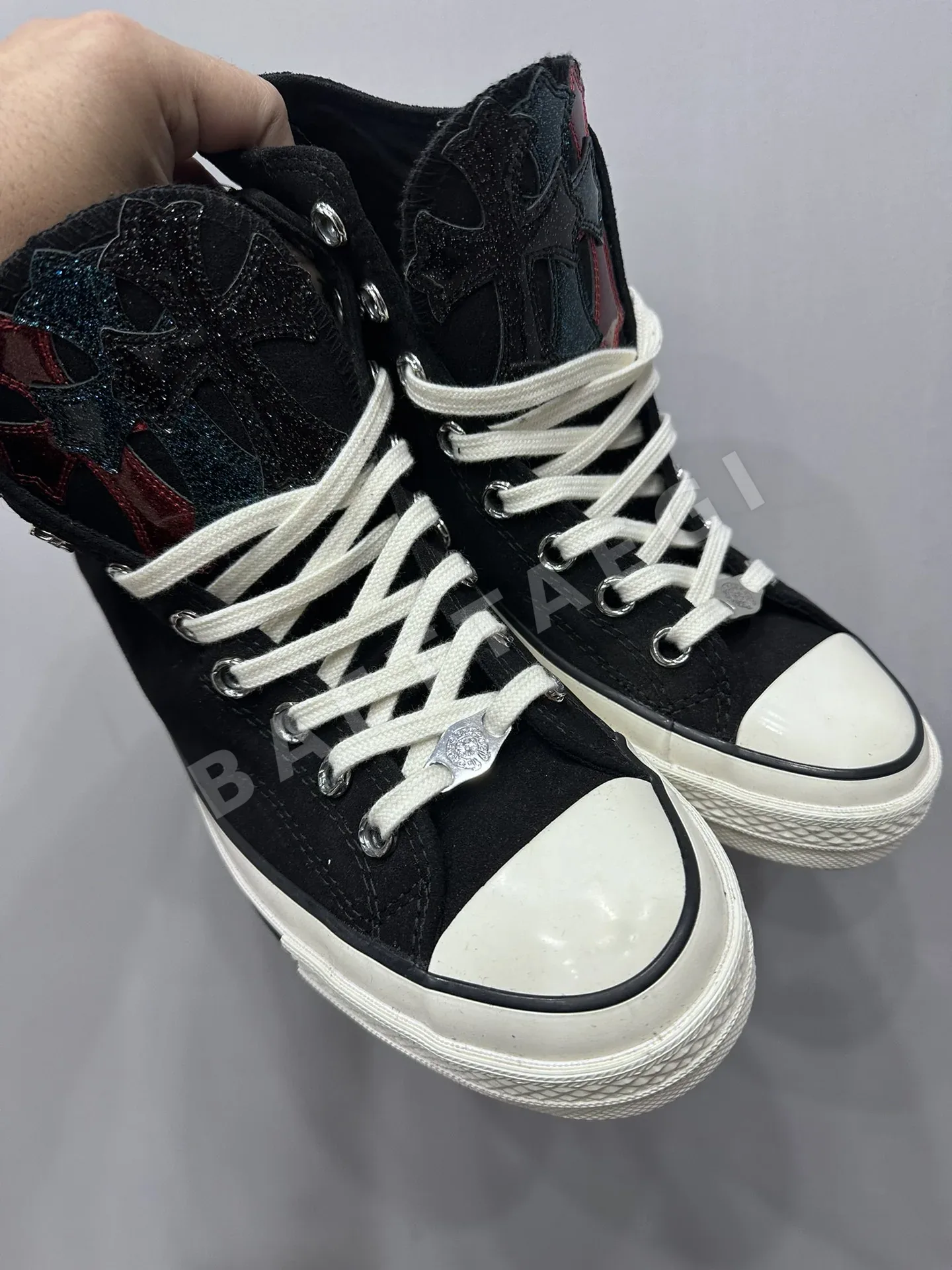 크롬하츠 스니커즈 블랙 가죽 은 도금 금속 장식 상세 이미지 2