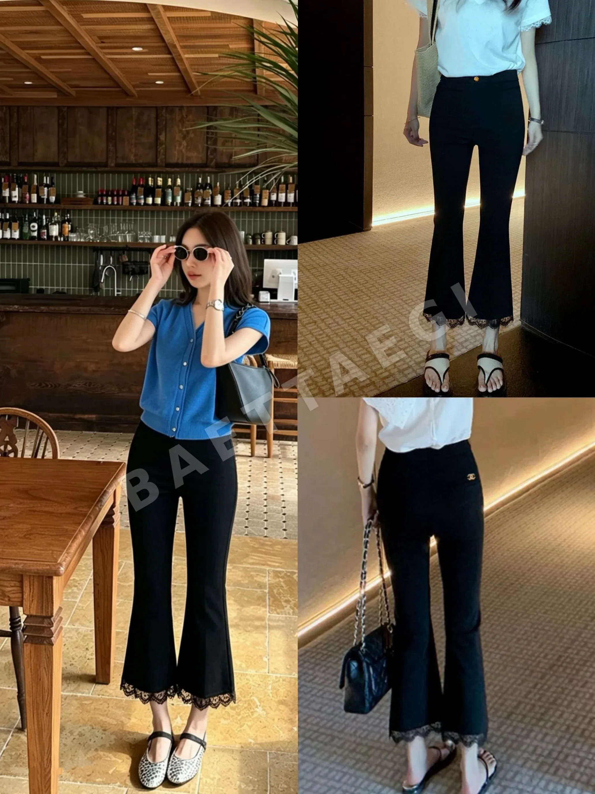 샤넬 더블 C 장식 레이스 트림 크롭 플레어 바지 97696