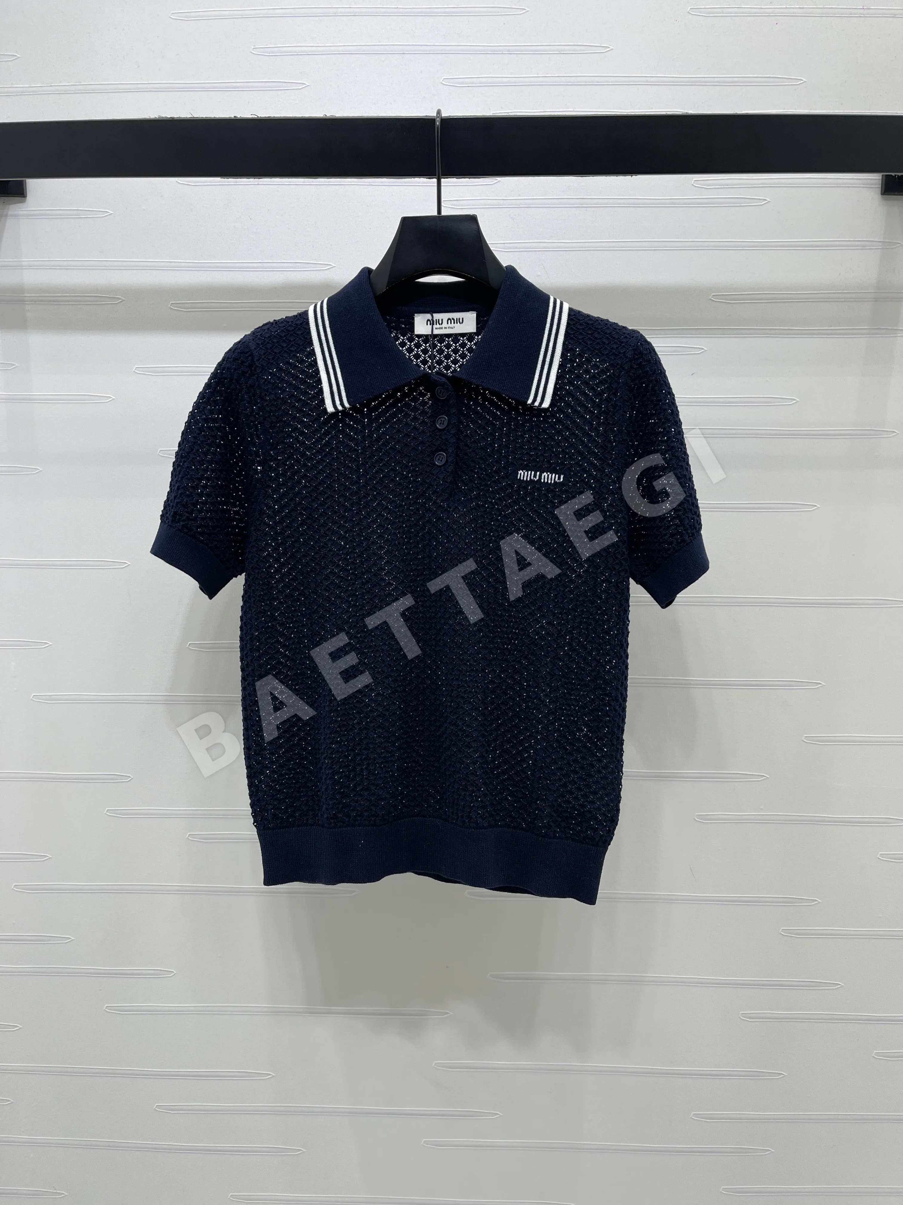 미우미우 실크 린넨 메시 카라 반팔 탑 상세 이미지 10