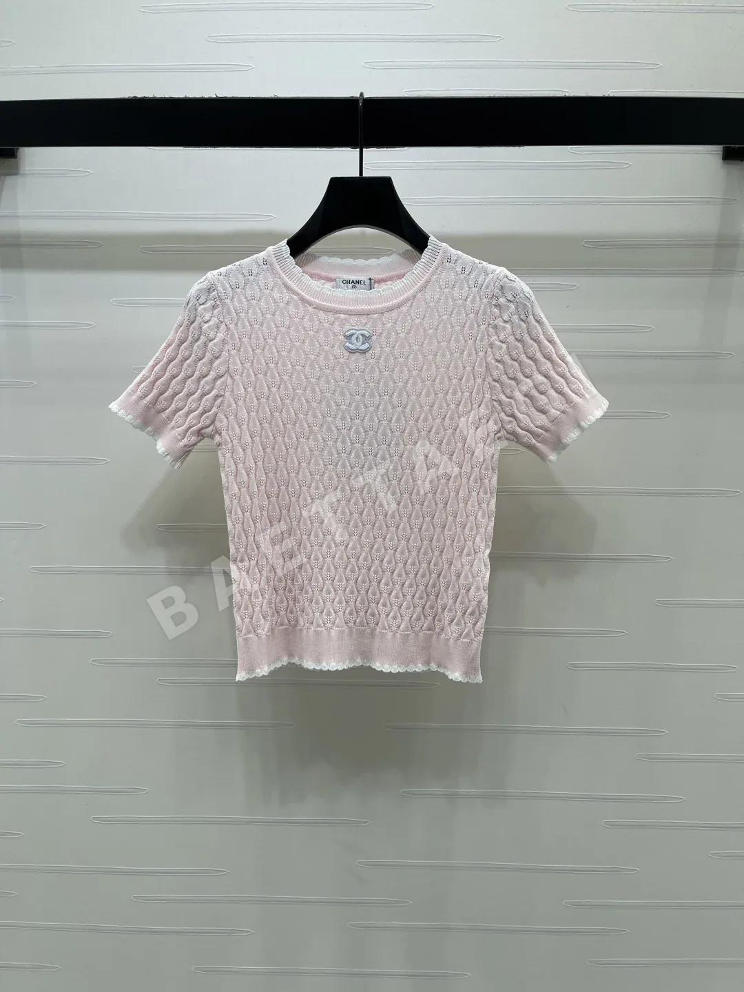 샤넬 시스루 레이스 배색 울 니트 반팔 탑 103669