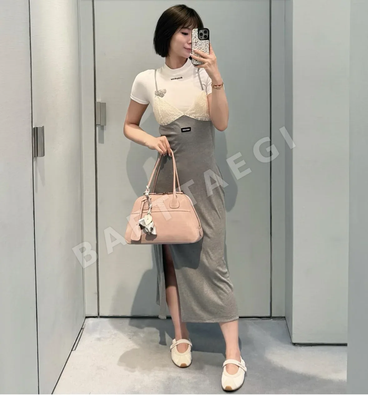 미우미우 그레이 패치워크 레이스 슬립 원피스 상세 이미지 6