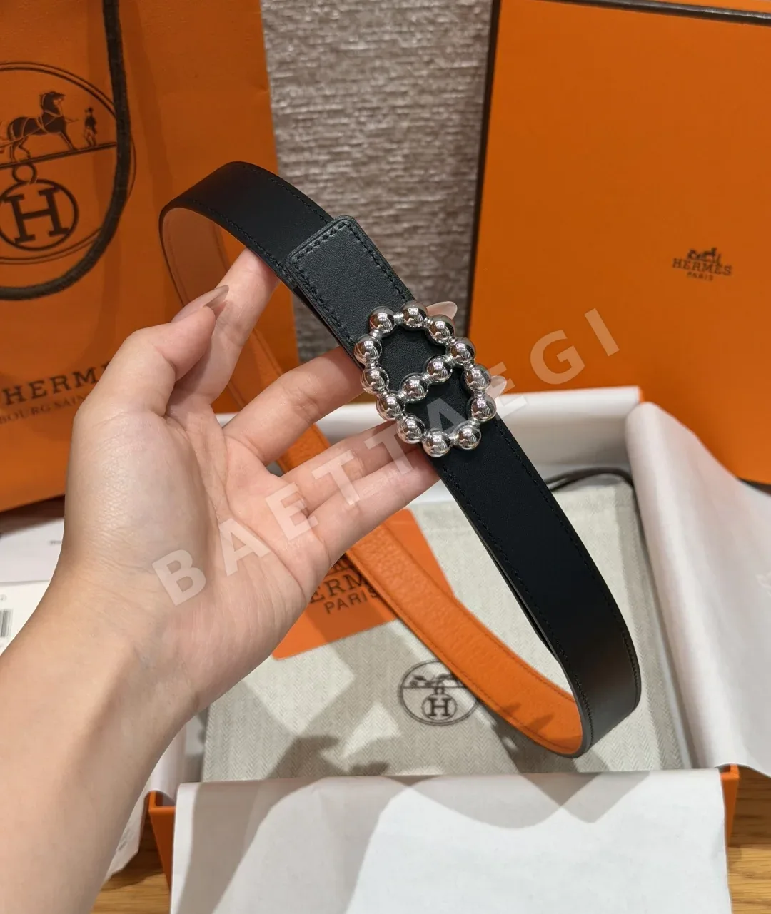 에르메스 H브랜드 진주 비즈 양면 가죽 벨트 24mm 상세 이미지 5