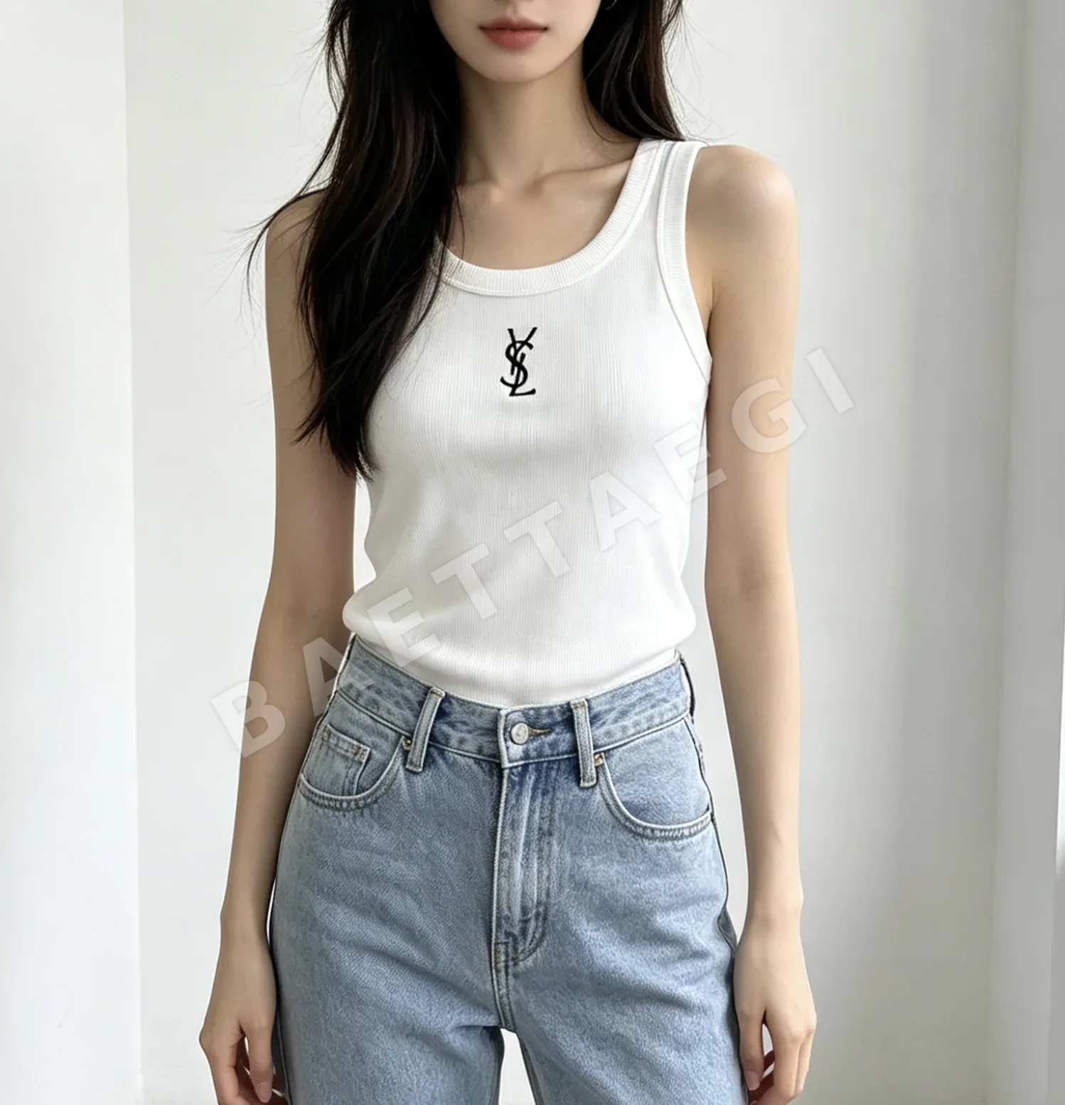 생로랑 여성 리브 자수 로고 반팔 티셔츠 상세 이미지 9