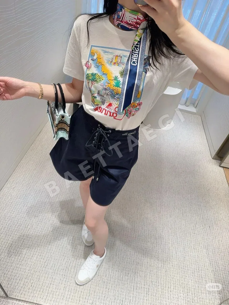 디올 파리 레드카펫 글래머 프린트 린넨 반팔 티셔츠