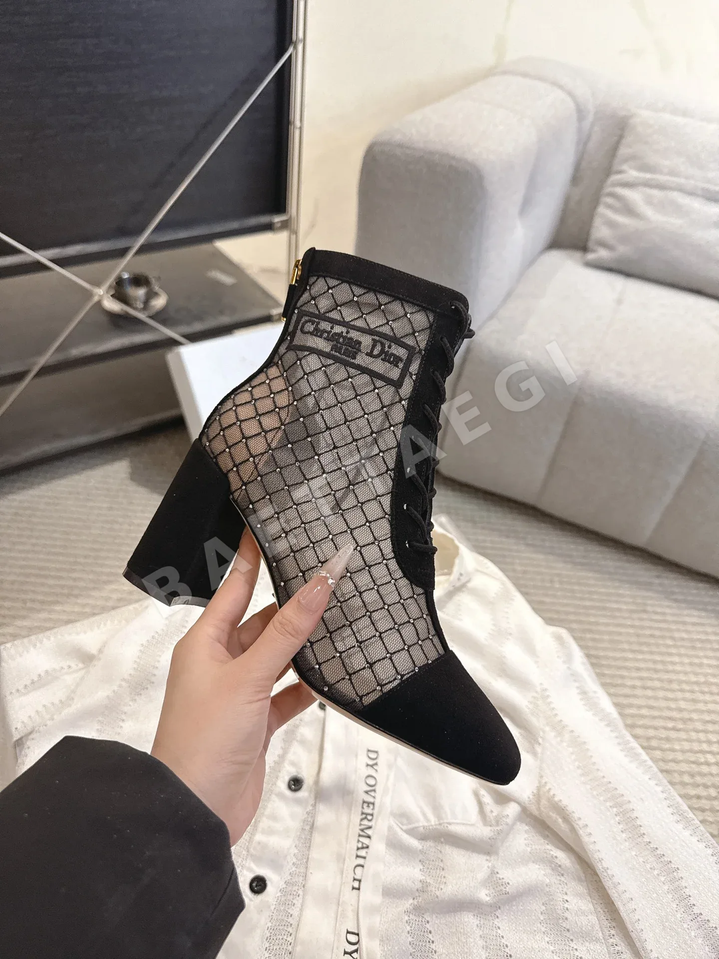디올 자카드 자수 메시 부츠 여성용 하이힐 상세 이미지 9