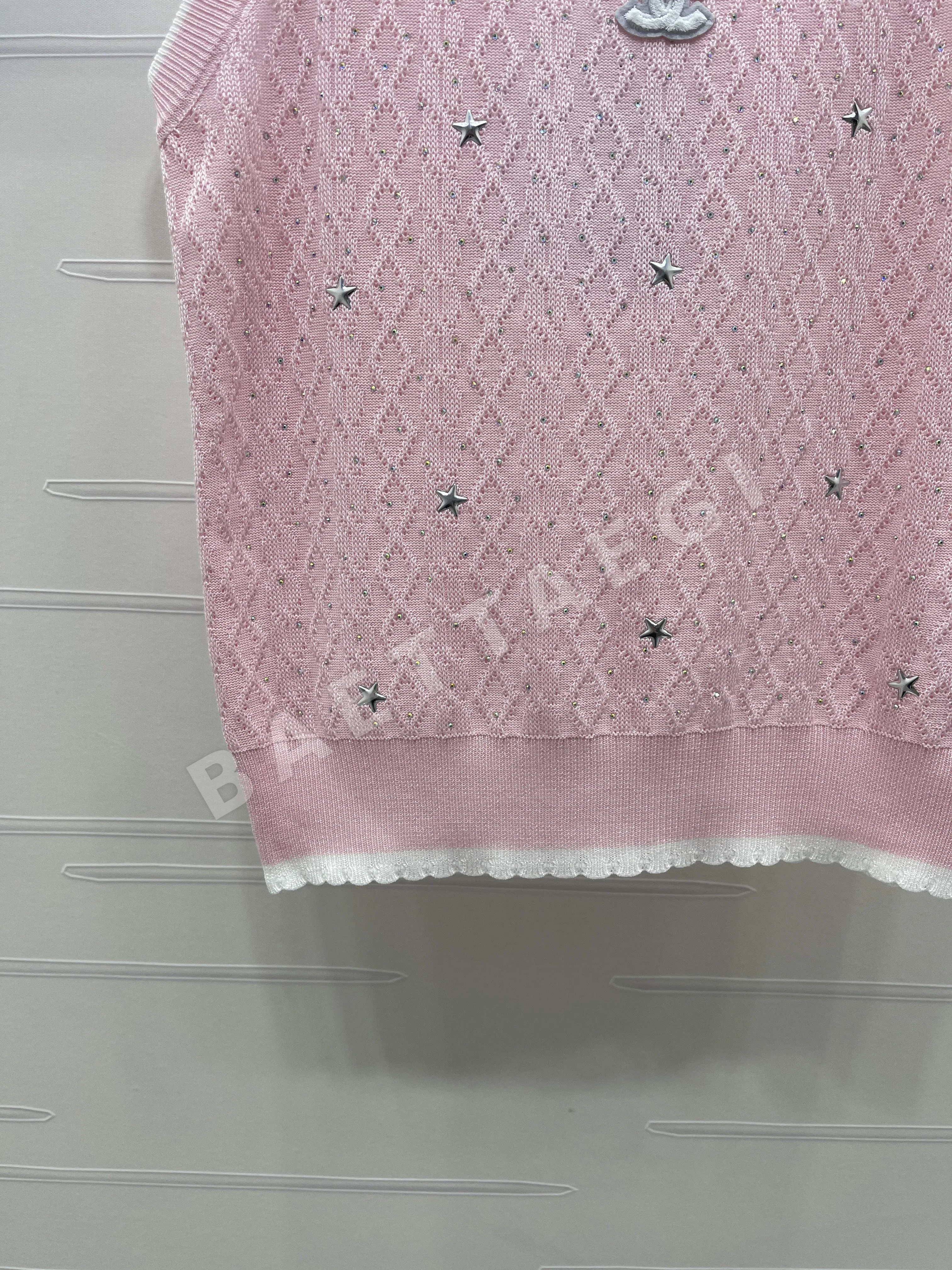 샤넬 다이아몬드 패턴 라인스톤 장식 여성 반팔 니트 베스트 상세 이미지 14