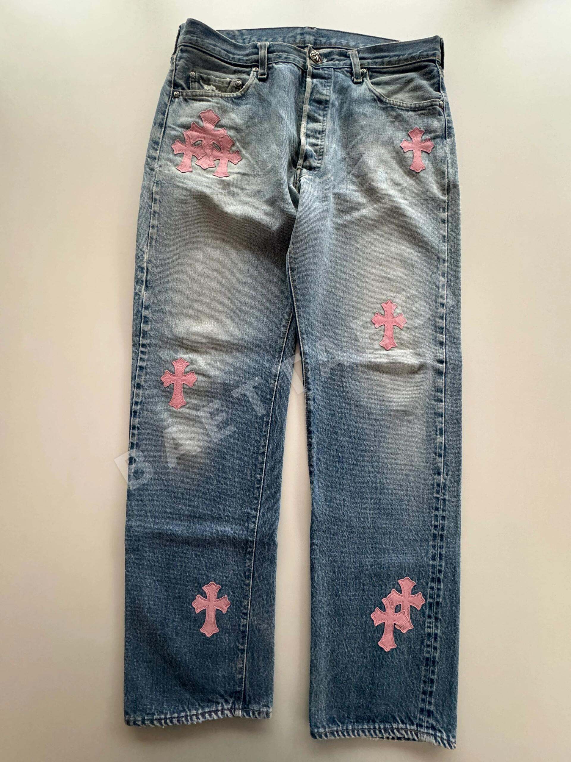 크롬하츠 크로스 패턴 가죽 빈티지 진 바지 상세 이미지 1