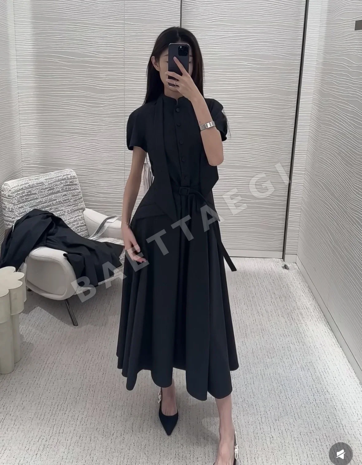 디올 다크 그레이 파인 체크 반소매 원피스 상세 이미지 8