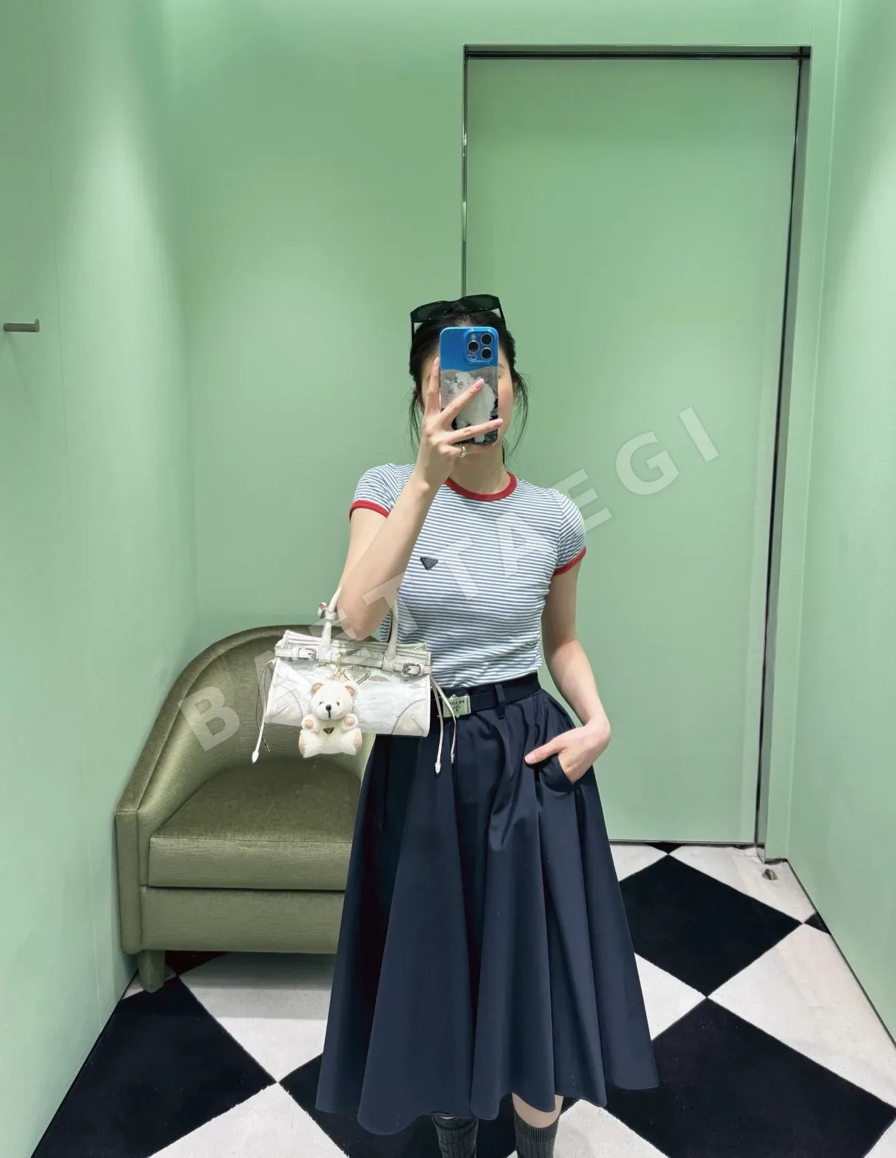 프라다 네이비 블루 하이웨스트 미디 스커트 상세 이미지 2