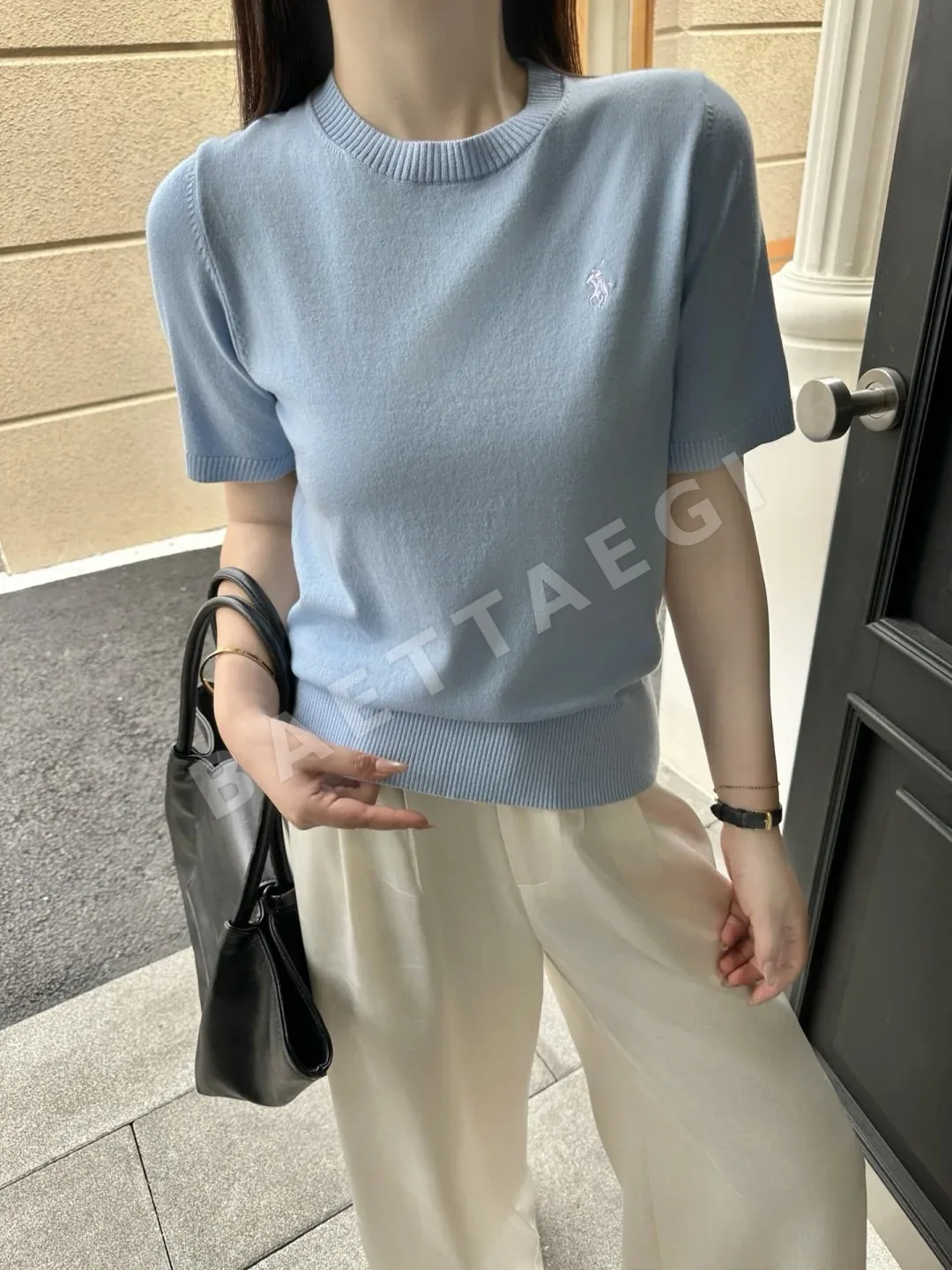 폴로 여성 포니 자수 코튼 반팔 니트 탑 상세 이미지 8