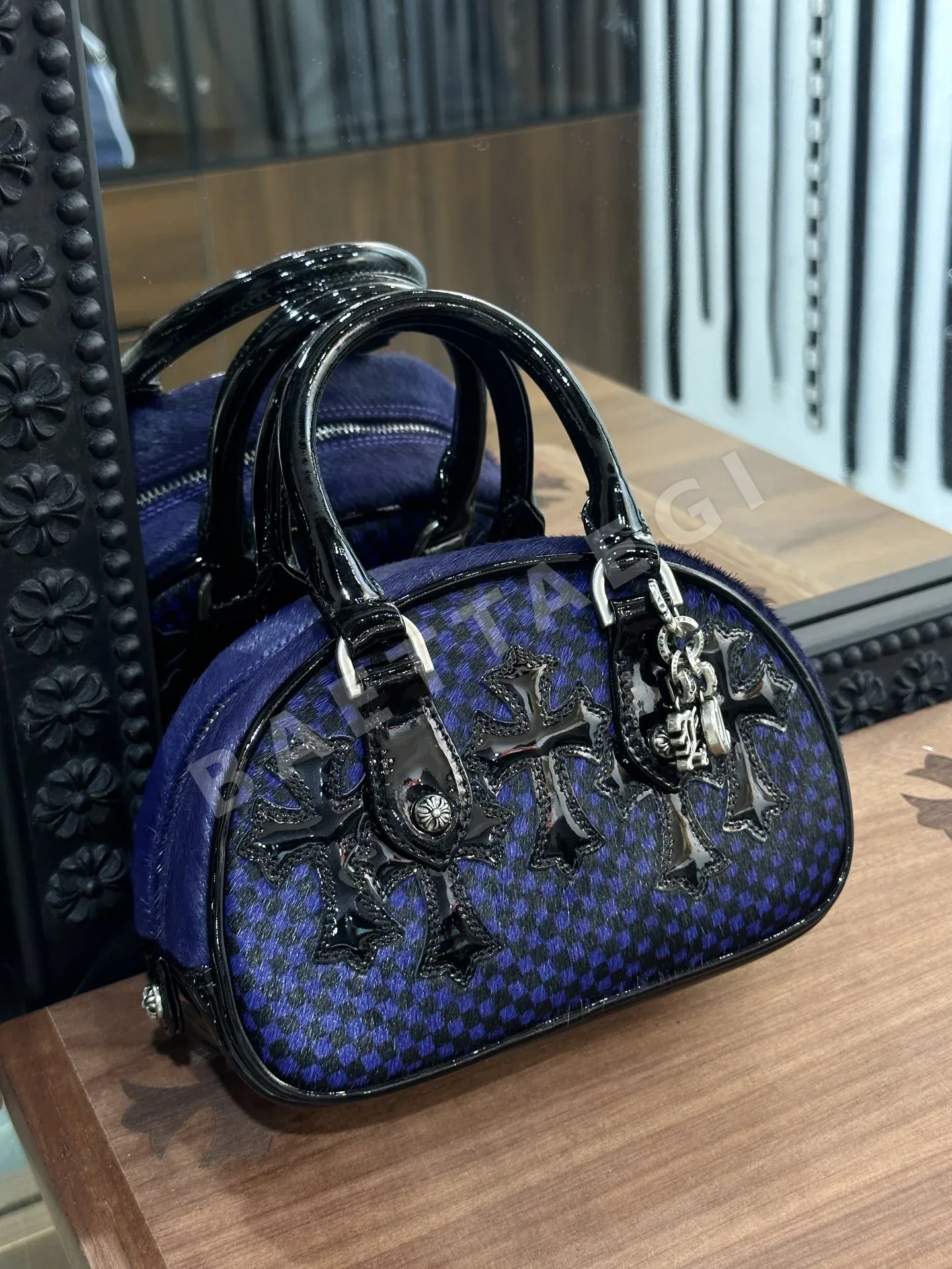 크롬하츠 다크 퍼플 호스헤어 체크 볼링백 117357