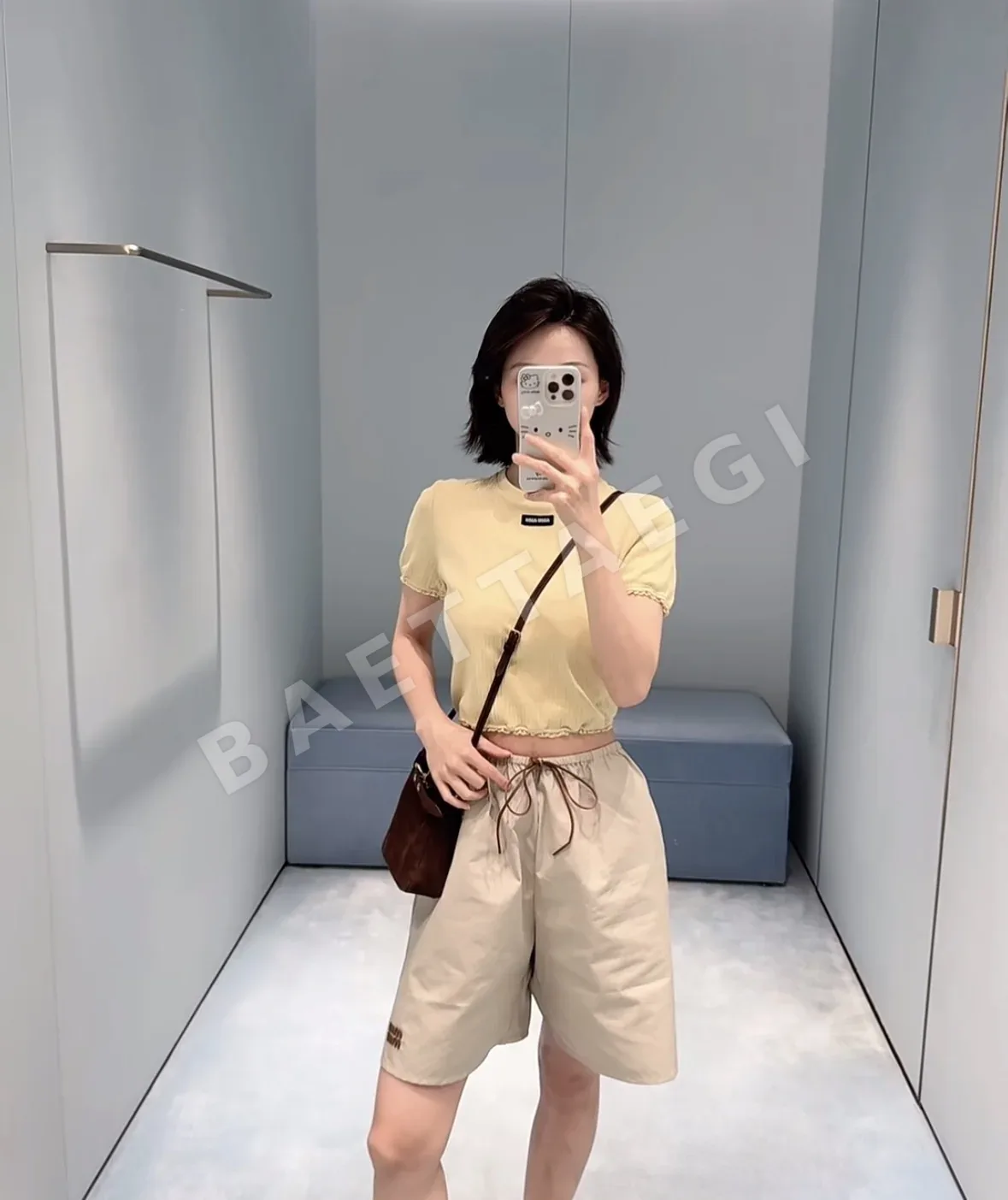 미우미우 레이스 트리밍 리브 크롭 반팔 티셔츠 상세 이미지 2