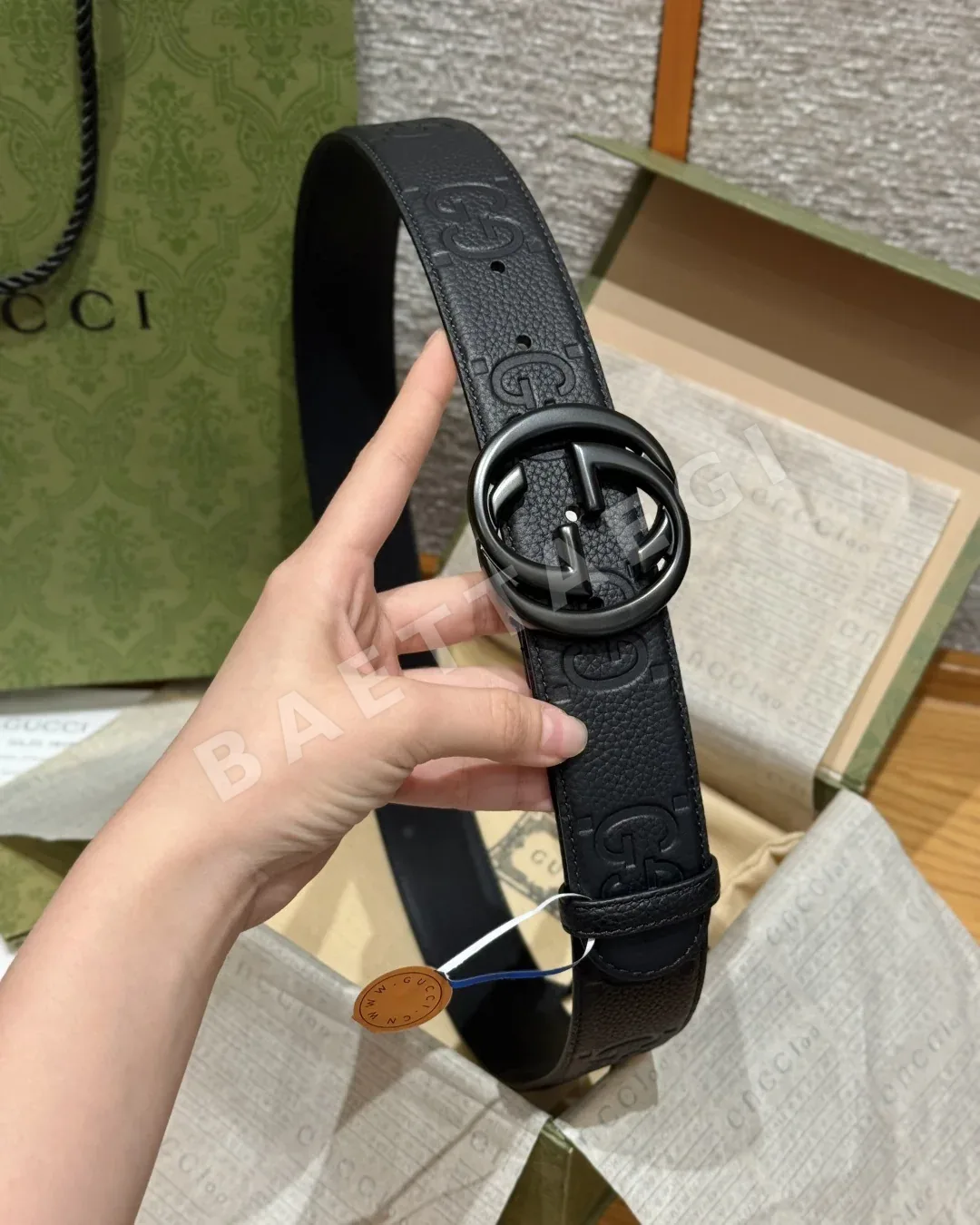 구찌 인터로킹 더블 G 블랙 카프스킨 벨트 상세 이미지 3