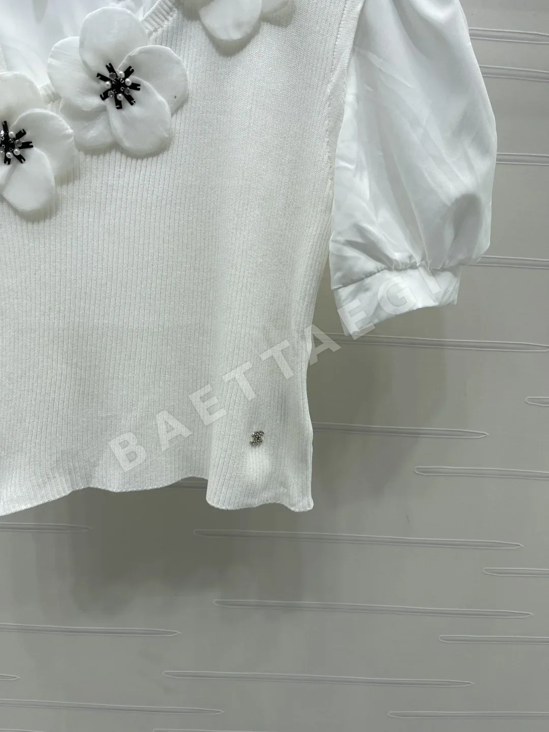 샤넬 카라 패치워크 니트 여성 반팔 셔츠 상세 이미지 6