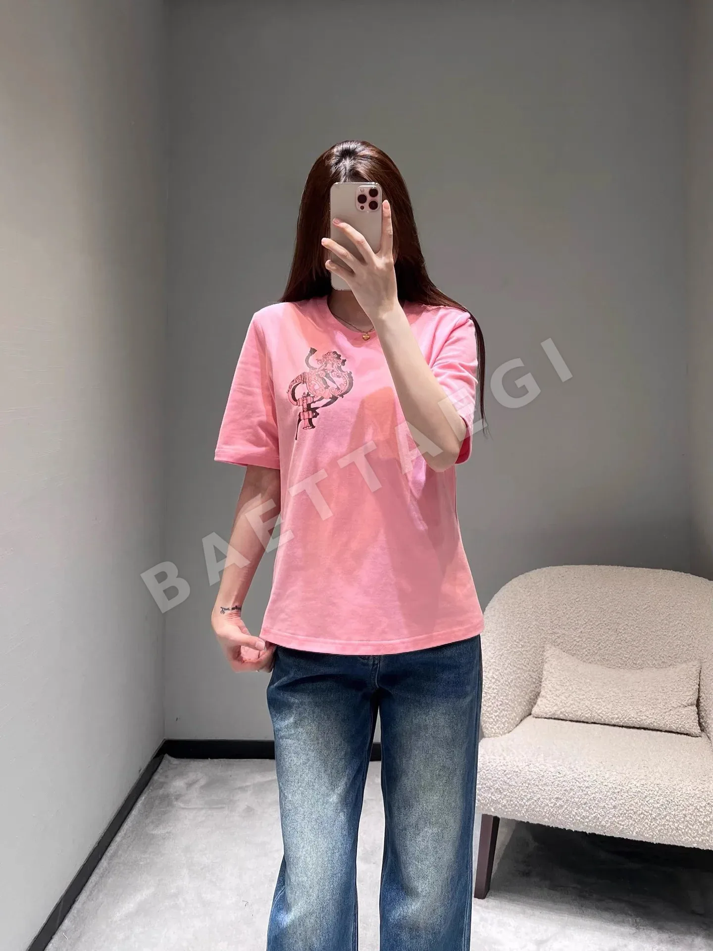 에르메스 여성 코튼 라운드넥 반팔 티셔츠 129681