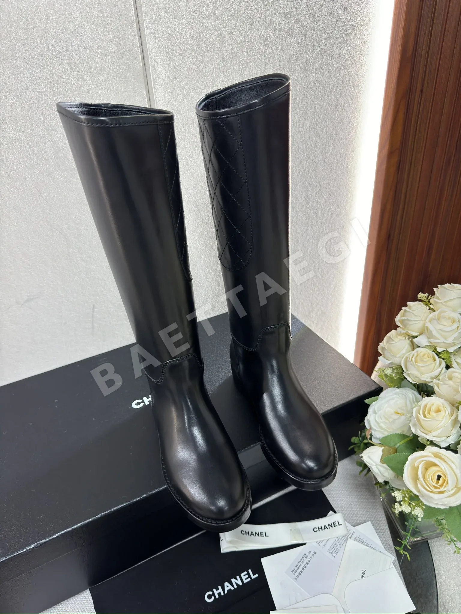 샤넬 송아지가죽 퀼팅 니하이 라이딩 부츠 93922