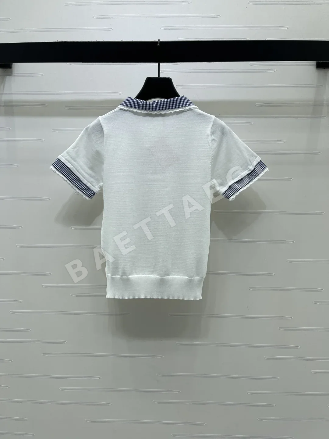 미우미우 피터팬카라 패치워크 니트 반팔 탑 상세 이미지 8