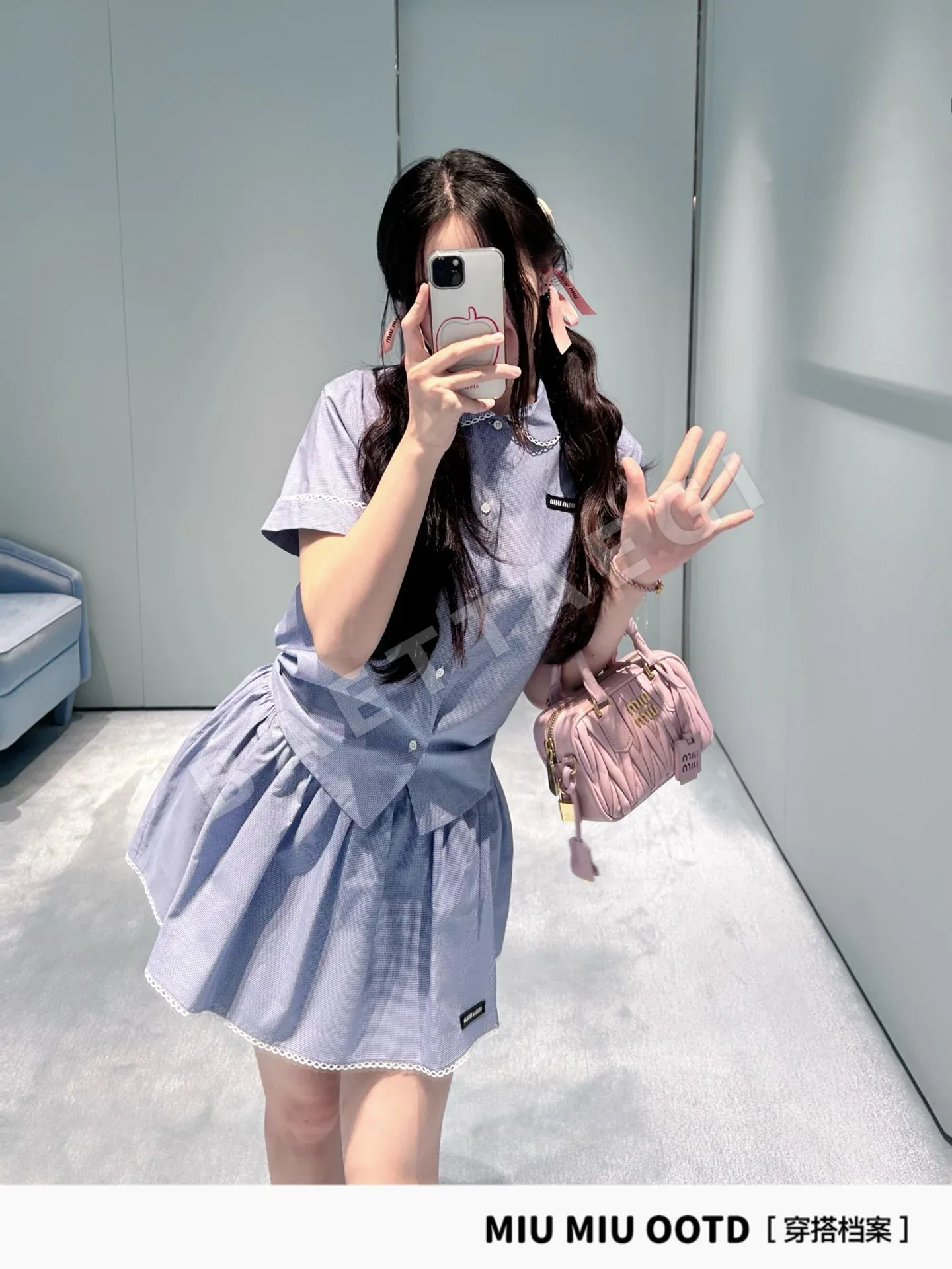 미우미우 블루 체크 피터팬 카라 반팔 셔츠 스커트 세트 상세 이미지 4