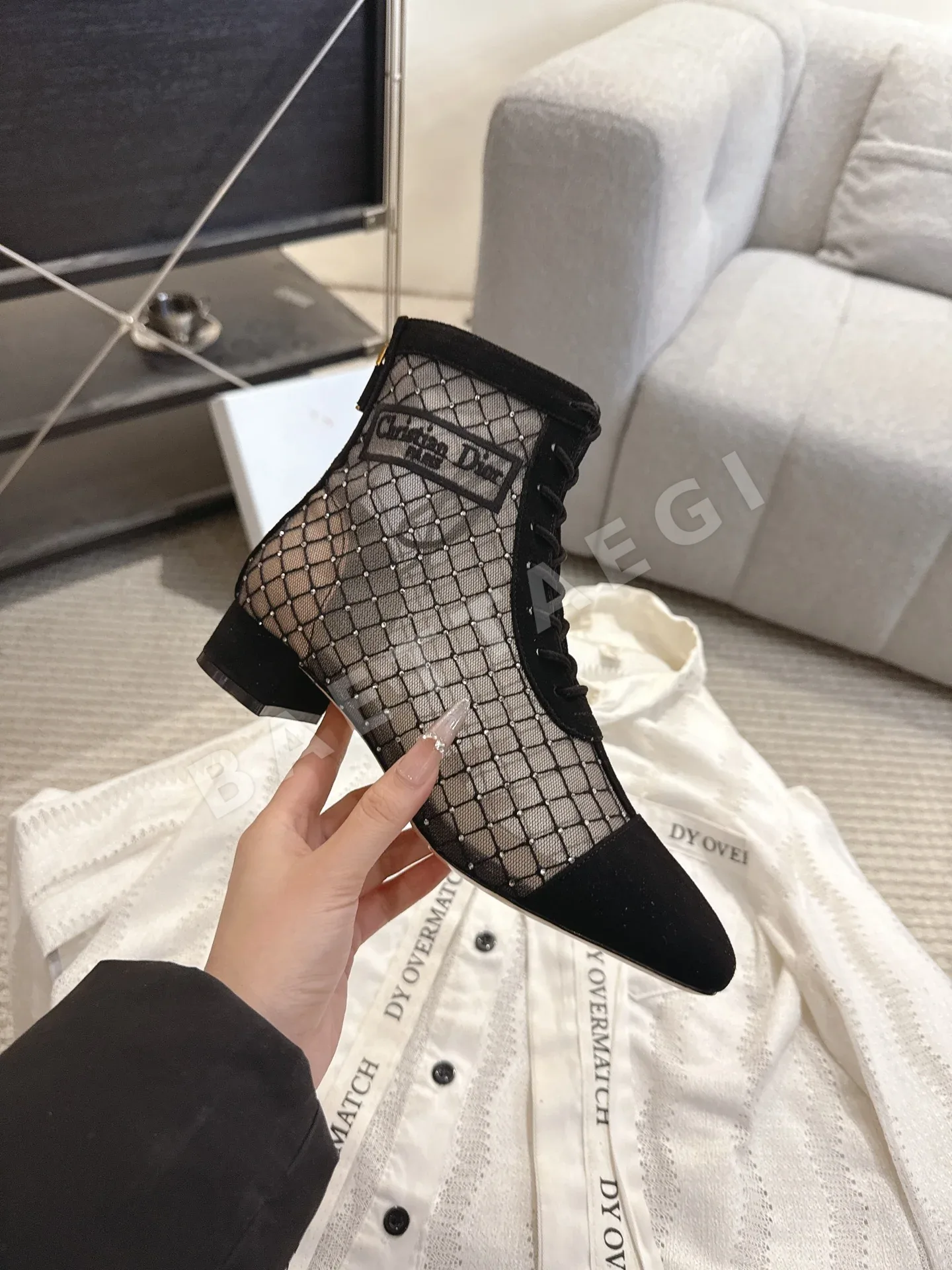 디올 자카드 자수 메시 부츠 여성 하이힐 상세 이미지 9