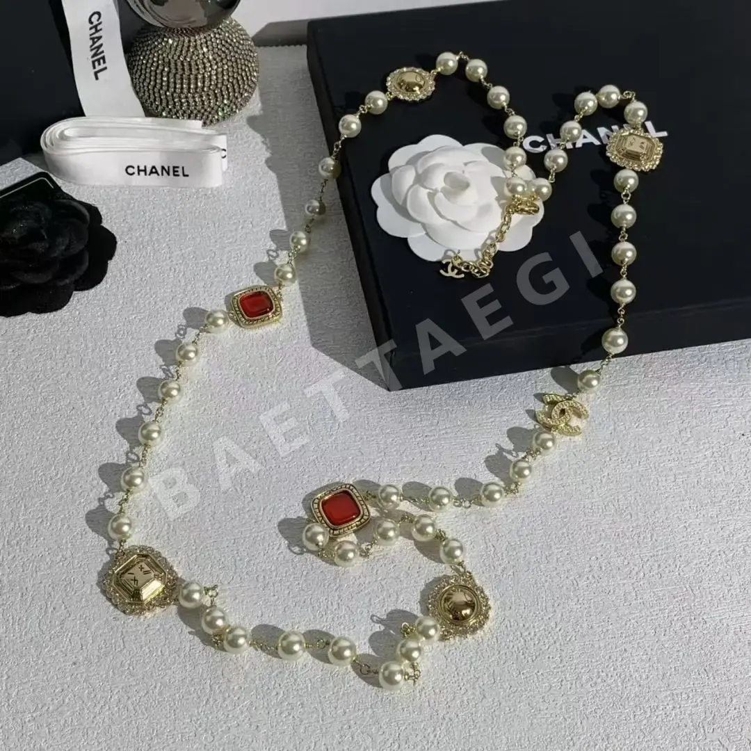 샤넬 골드 더블 C 라인스톤 진주 목걸이 상세 이미지 3