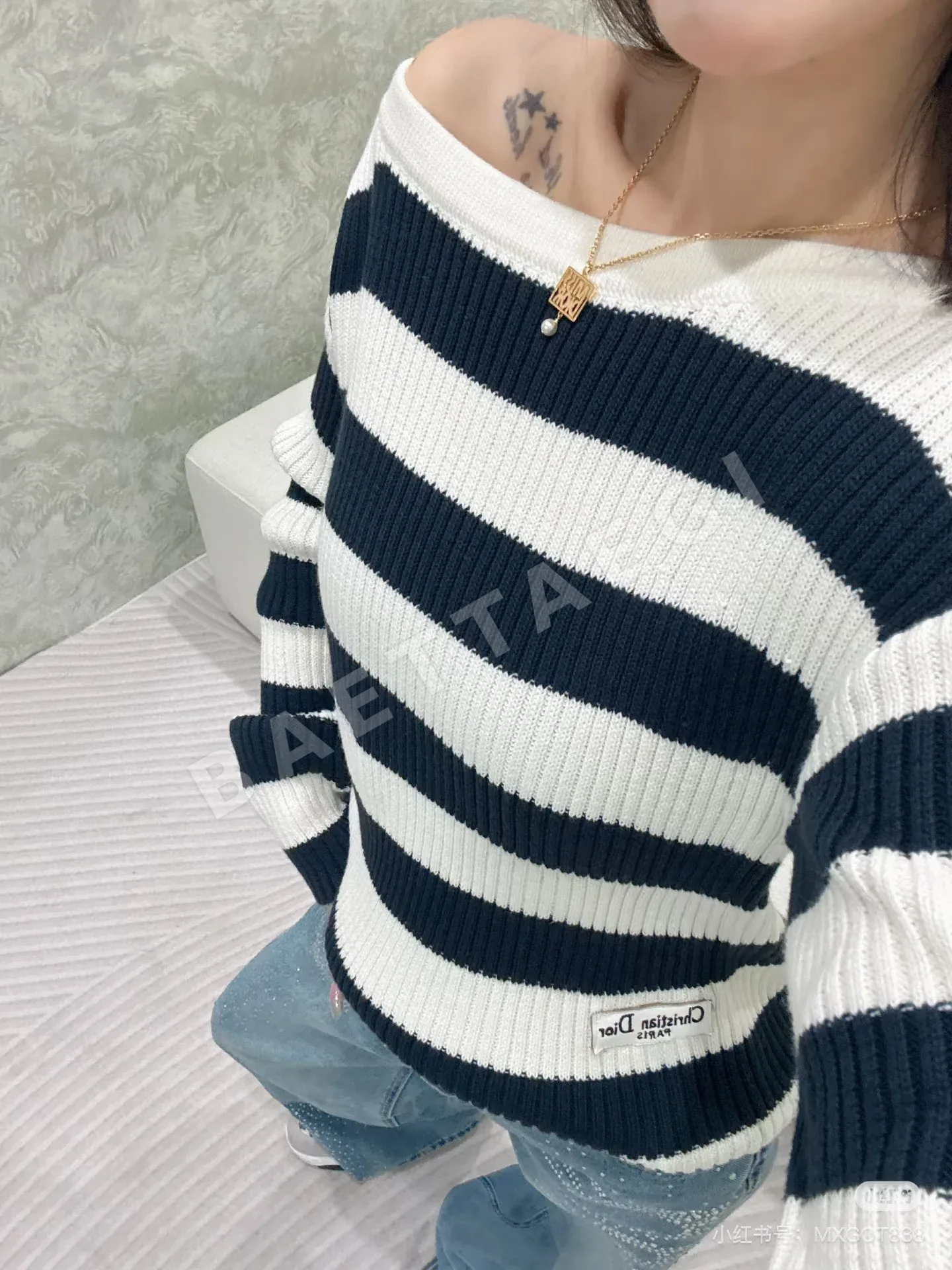 디올 로프 스트라이프 니트 긴팔 탑 상세 이미지 5