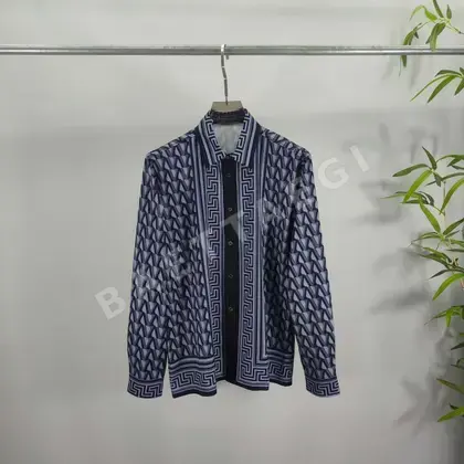 베르사체 남성 블루 그리스 키 패턴 긴팔 셔츠