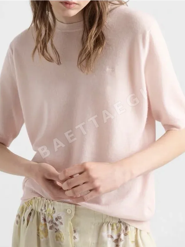 프라다 피치 핑크 실크 라운드넥 반팔 탑 126468
