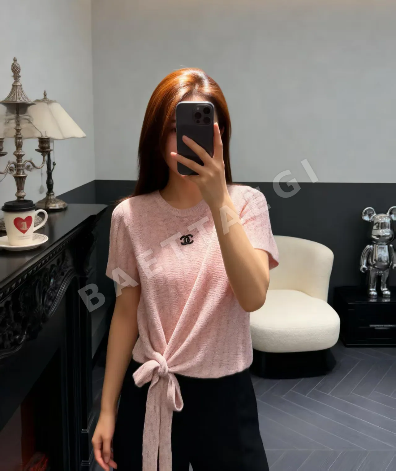 샤넬 더블 C 자수 타이업 니트 반팔 티셔츠