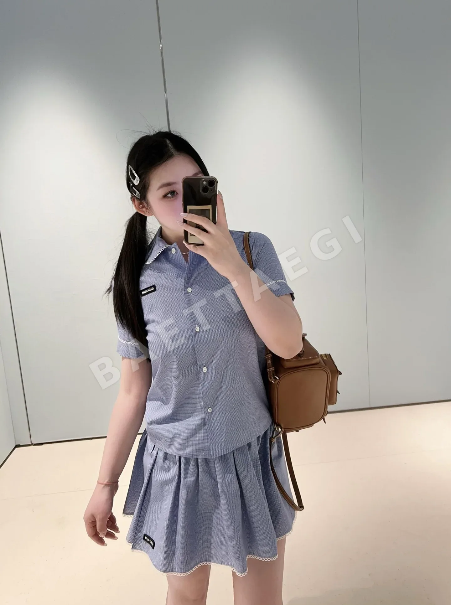 미우미우 블루 체크 피터팬 카라 반팔 셔츠 스커트 세트 상세 이미지 9
