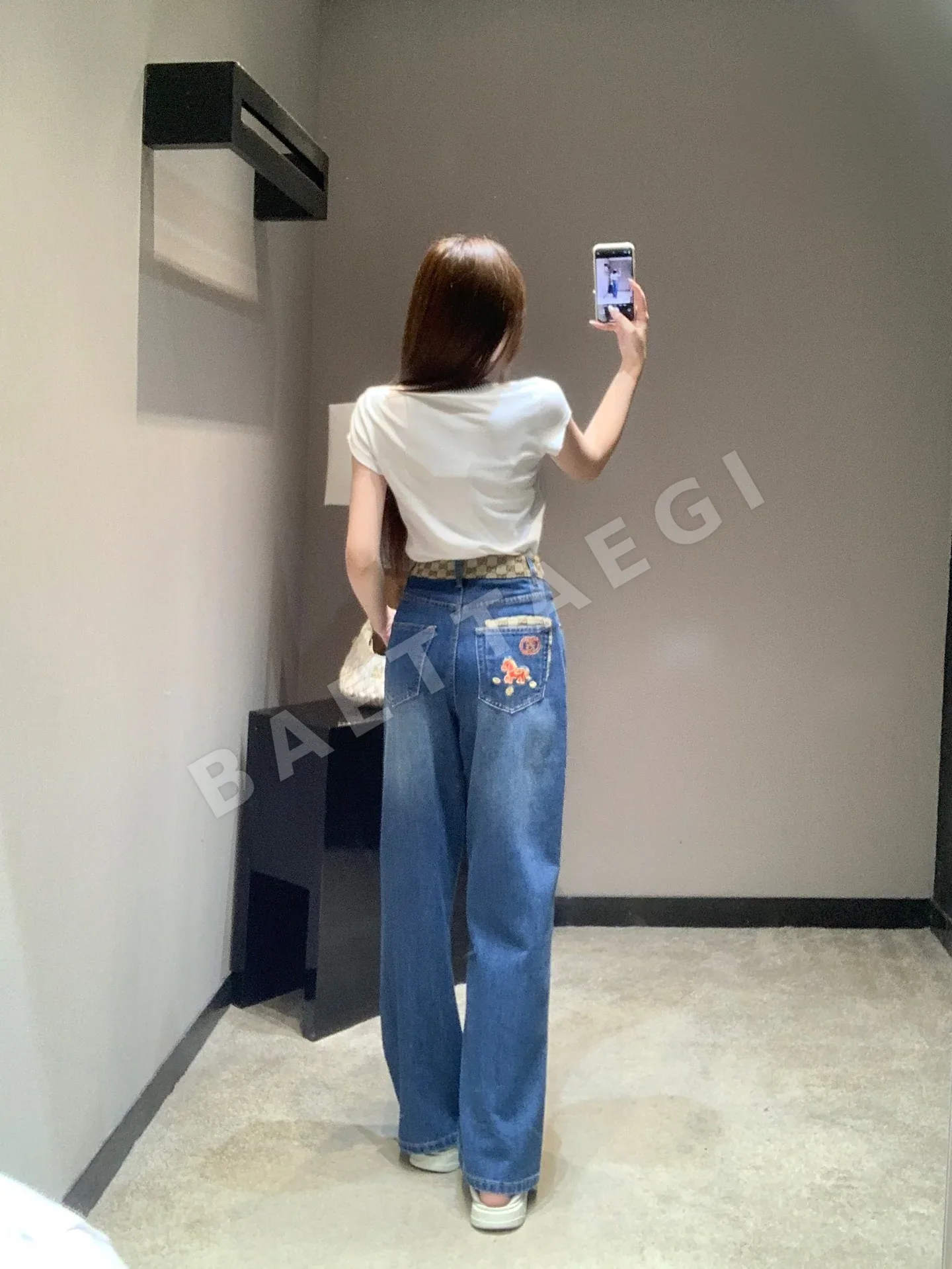구찌 GG 모노그램 컬러블록 하이웨이스트 와이드 데님 바지 상세 이미지 7