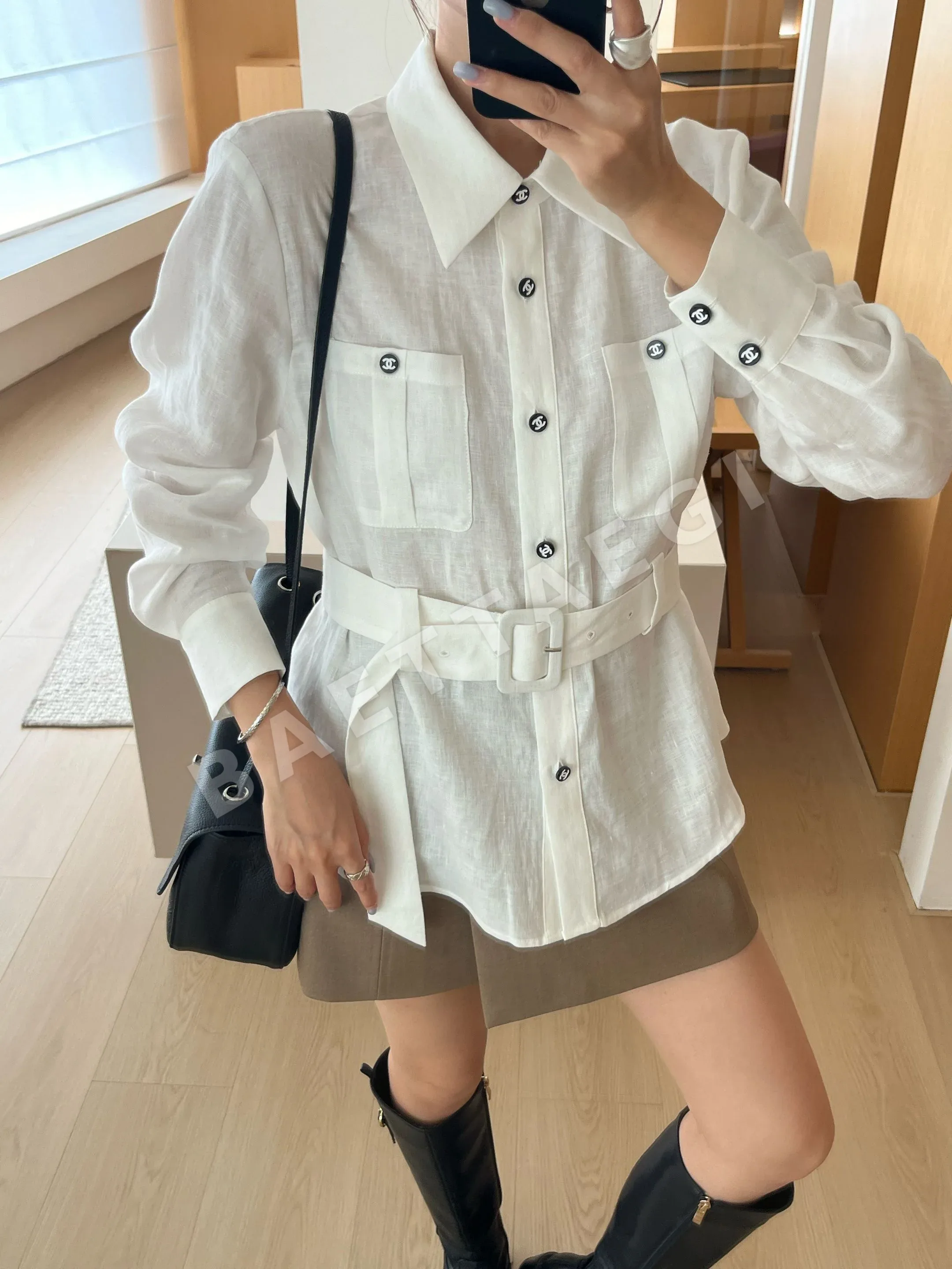 샤넬 더블 C 버튼 린넨 허리 벨트 셔츠 상세 이미지 2