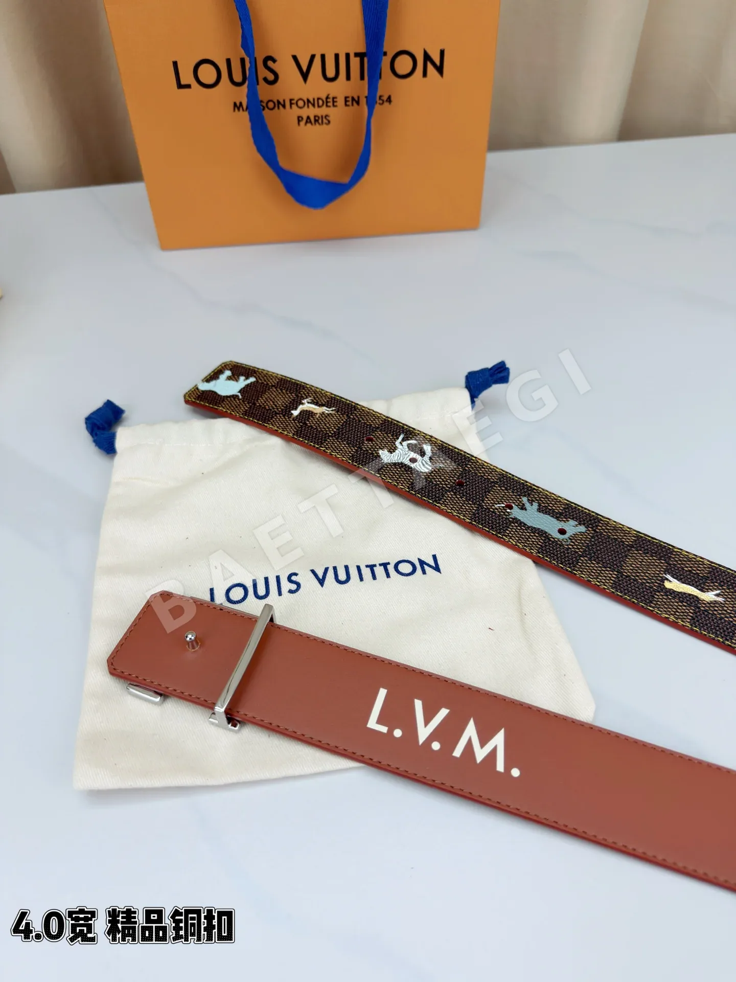 루이비통 골드 LV 버클 체크 캔버스 벨트 상세 이미지 6